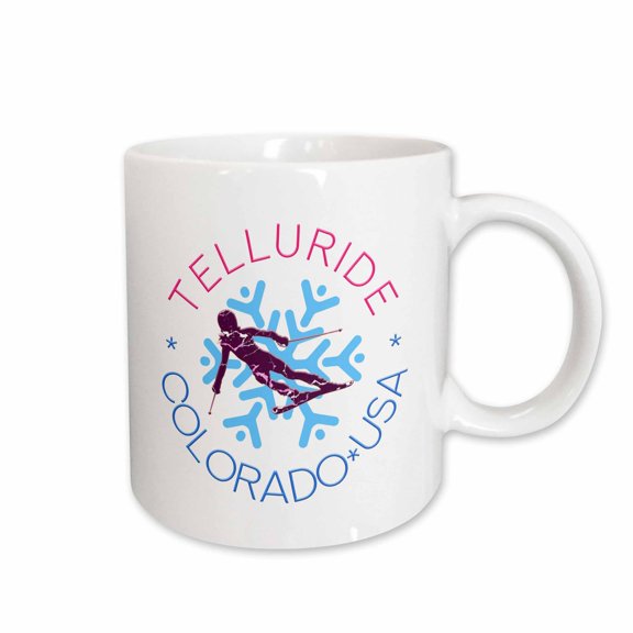 3drose, Telluride, Colorado, Usa. Woman Skier Silhouette, Blue Snowflake Gift, 15oz Mug
