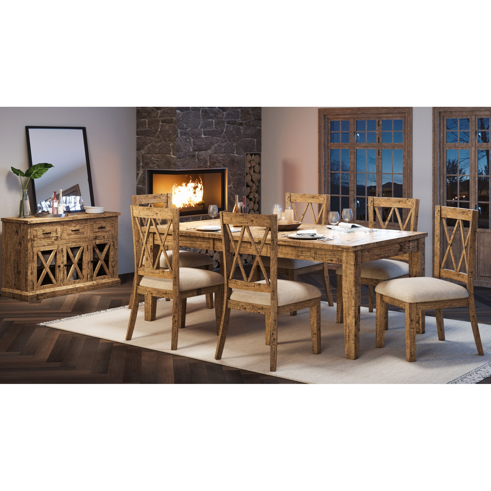 Telluride Rustic Distressed Pine 78" Dining Set with 6 Upholstered Chairs