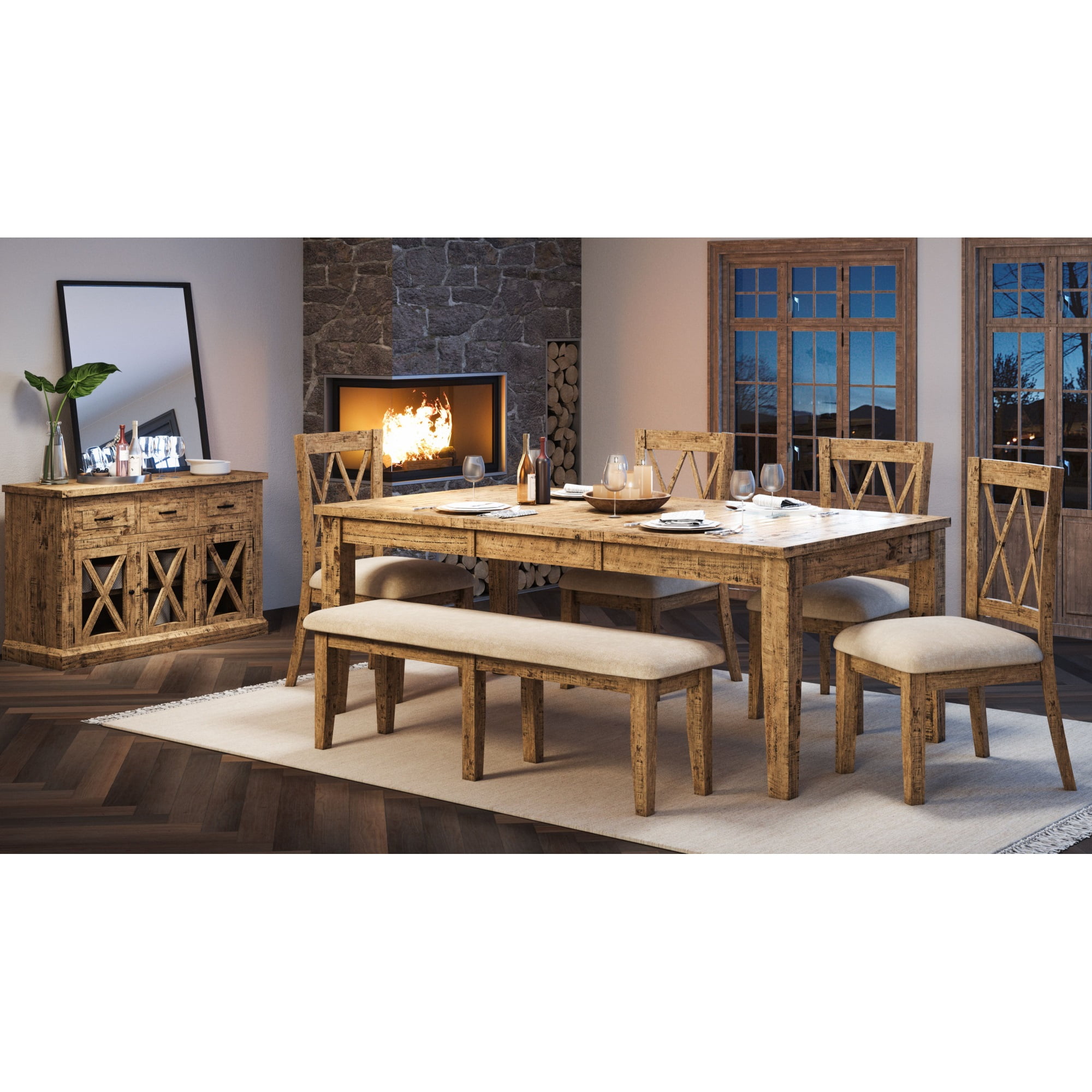 Telluride Rustic Distressed Pine 78" Dining Set with Bench and 4 Chairs