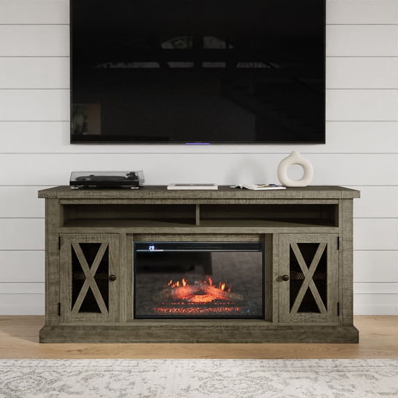 Telluride Rustic Solid Pine 60" Storage Console TV Stand with Electric Fireplace