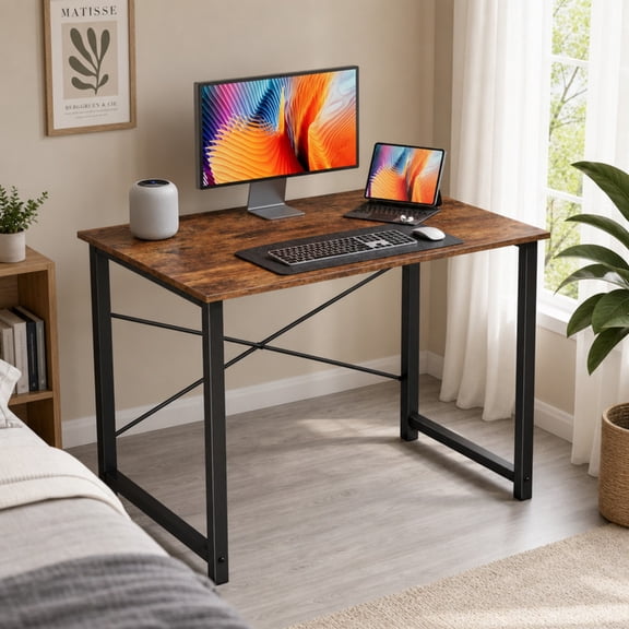 Telrya 32 Inch Small Computer Desk, Gaming Desk with X-Brace Metal Frame for Home Office, Rust