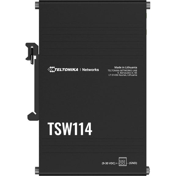 Teltonika TSW114000000 Model TSW114 DIN Rail Switch, Black; Integrated DIN Rail Bracket; 5X Ethernet Ports; Plug-N-Play; Aluminum Housing; Non-Blocking Bandwidth up to 10 Gbps; PSU Not Included