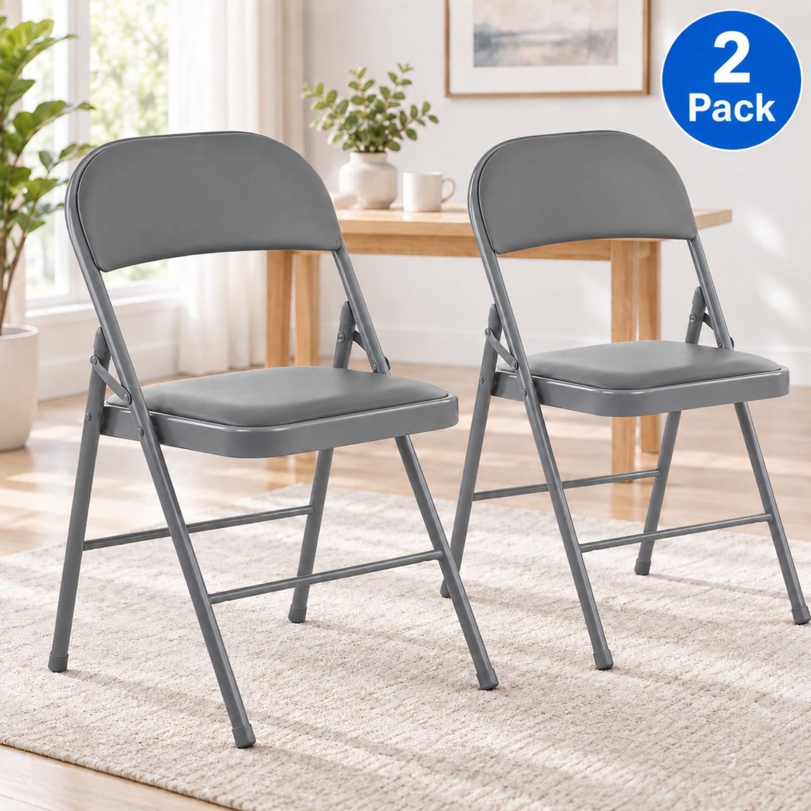 Telyra 2 Pack Folding Chairs Leather Padded Seat and Backrest Foldable Metal Chairs for Indoor Outdoor Use,Grey