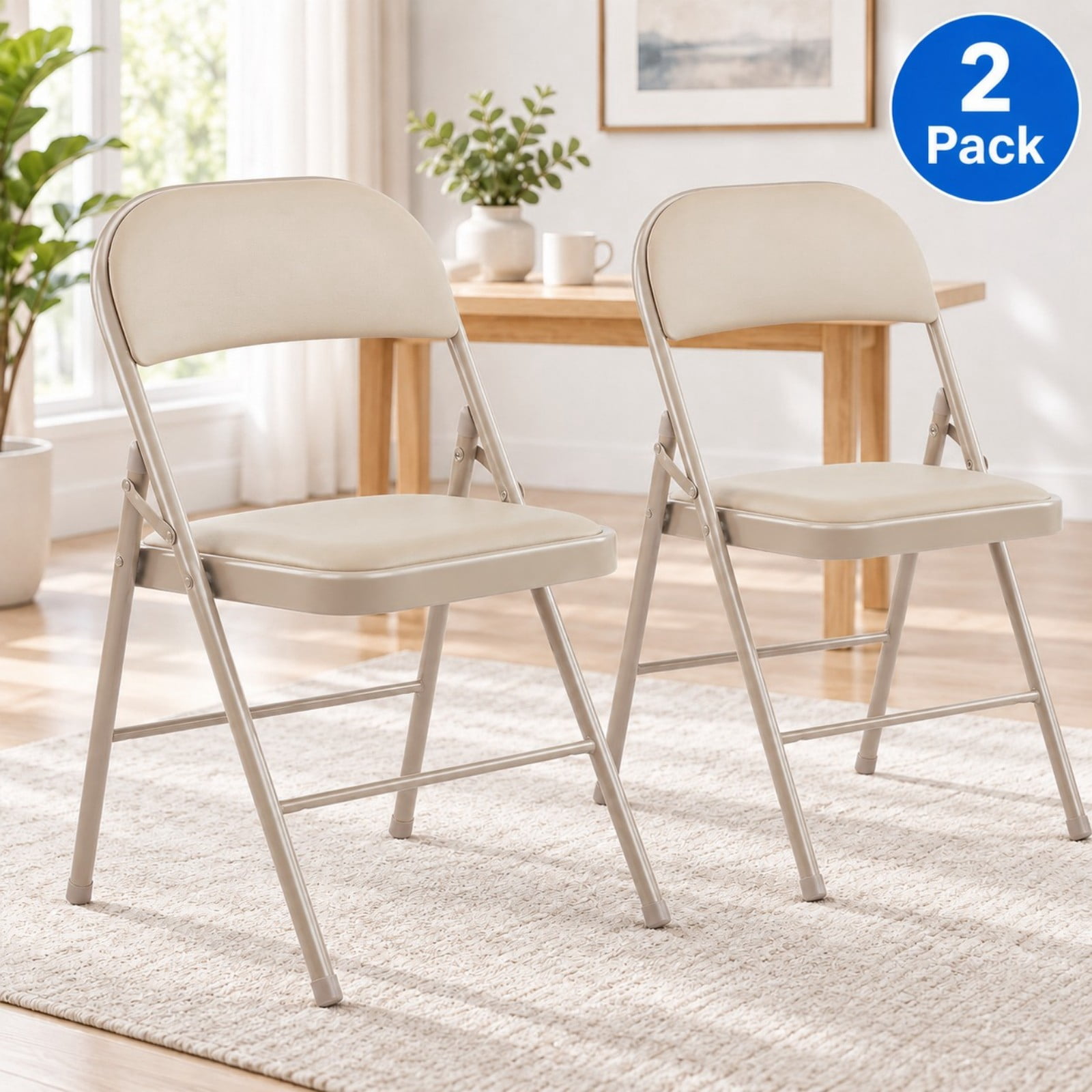 Telyra 2 Pack Folding Chairs Leather Padded Seat and Backrest Foldable Metal Chairs for Indoor Outdoor Use,khaki
