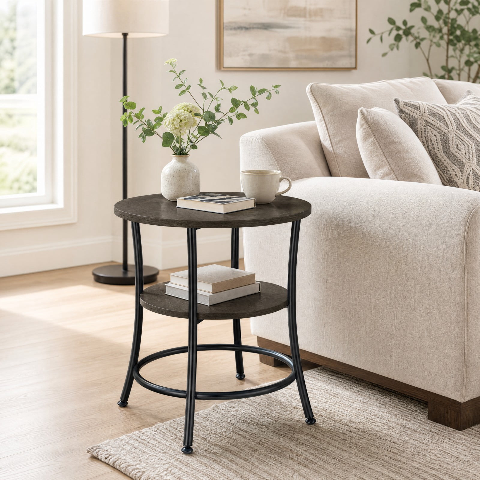 Telyra 2-Tier Round Side Table 21.8" End Table with Antiqued Wood Grain Top and Steel Base, Gray