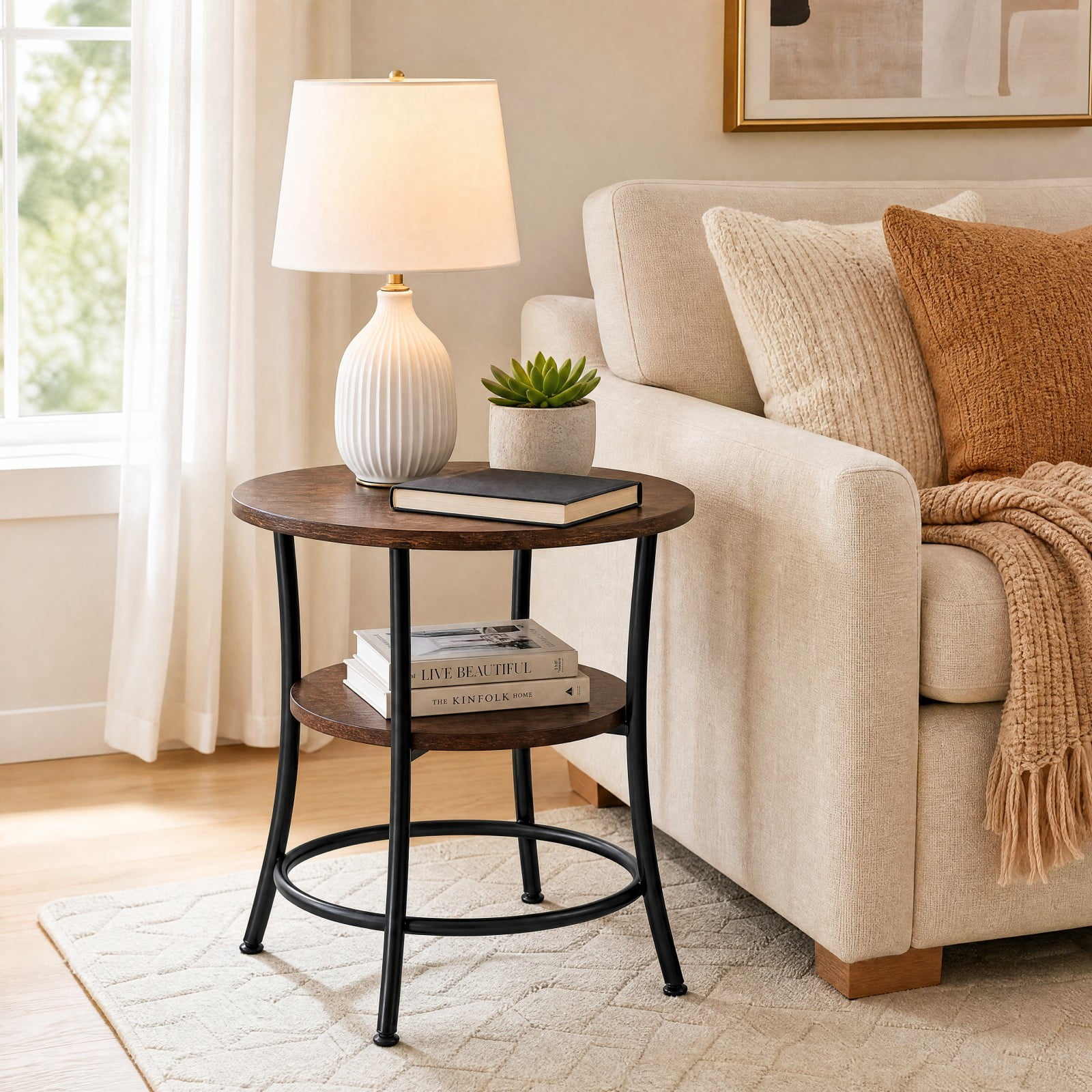 Telyra 2-Tier Round Side Table 21.8" End Table with Antiqued Wood Grain Top and Steel Base, Rust