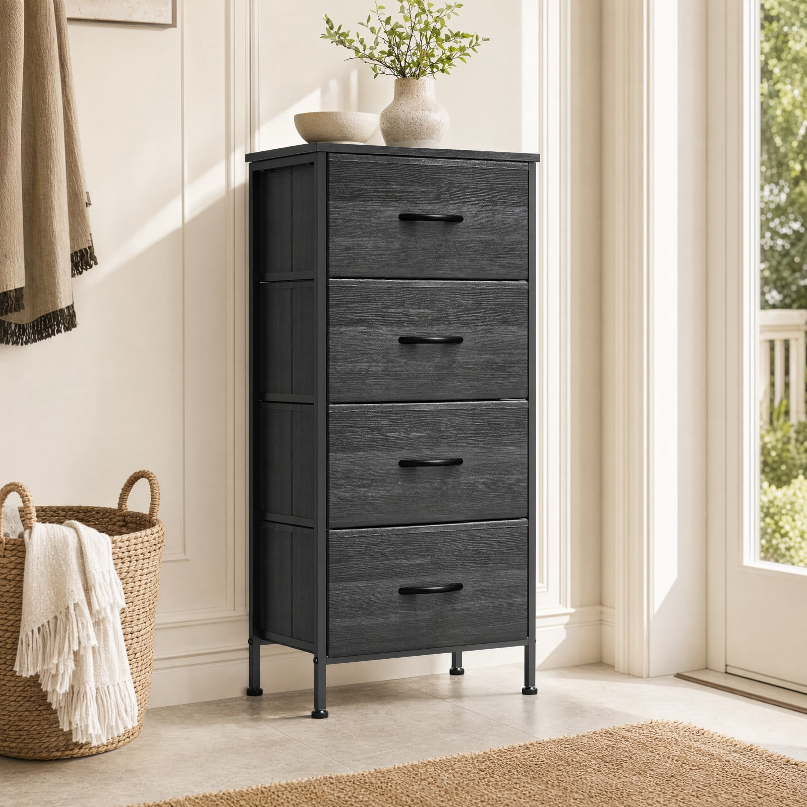 Telyra 4-Drawer Fabric Dresser 37.4" Tall Storage Tower with Wood Top and Steel Frame Narrow Organizer, Black Wood Grain