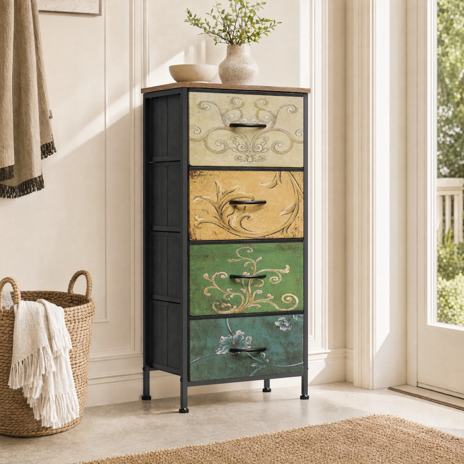 Telyra 4-Drawer Fabric Dresser 37.4" Tall Storage Tower with Wood Top and Steel Frame Narrow Organizer, Floral Painted