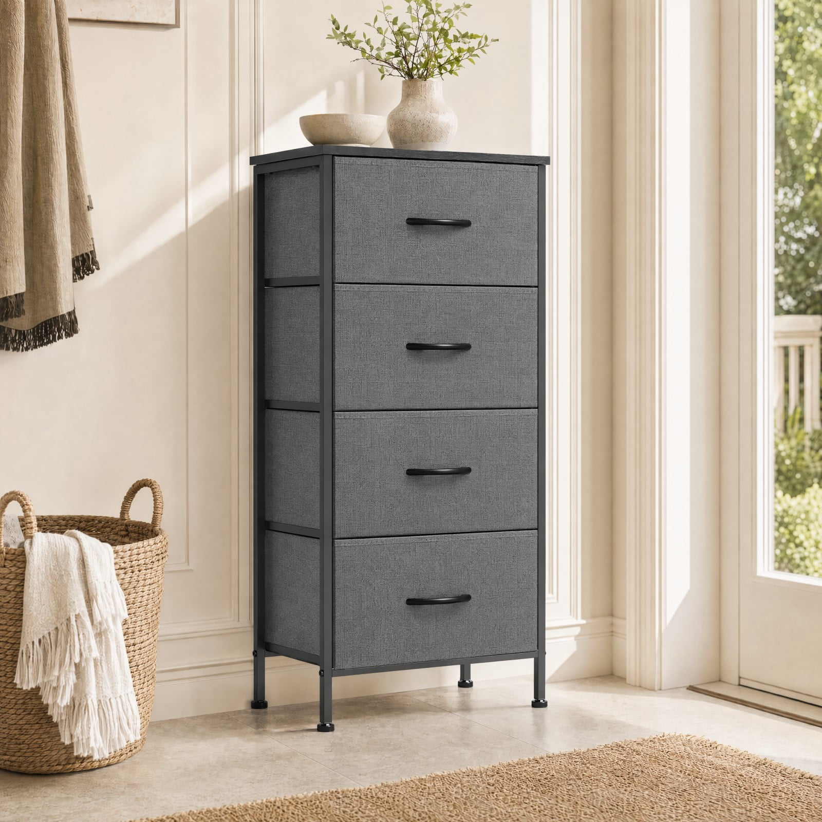Telyra 4-Drawer Fabric Dresser 37.4" Tall Storage Tower with Wood Top and Steel Frame Narrow Organizer, Gray