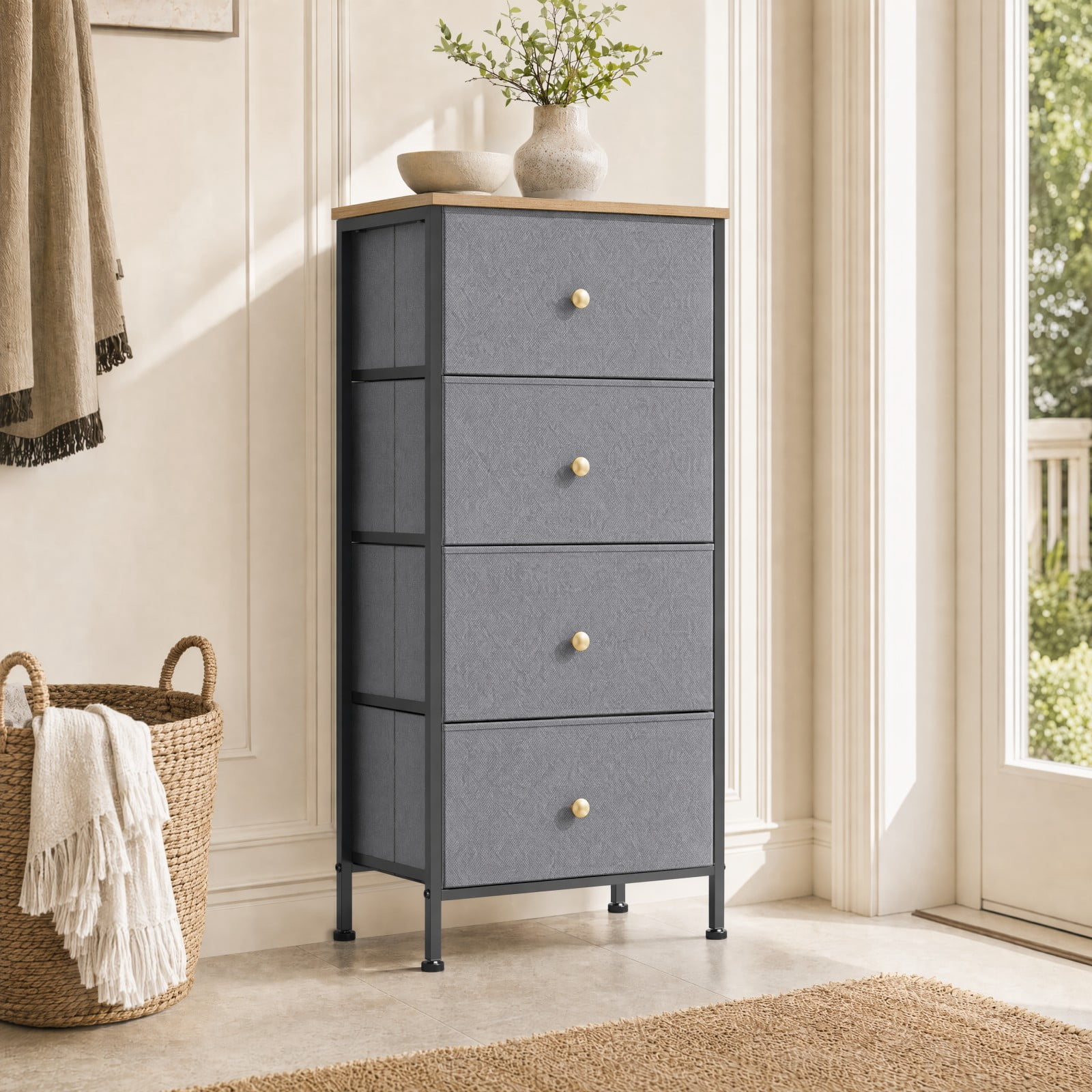 Telyra 4-Drawer Fabric Dresser 37.4" Tall Storage Tower with Wood Top and Steel Frame Narrow Organizer, Greyish Blue