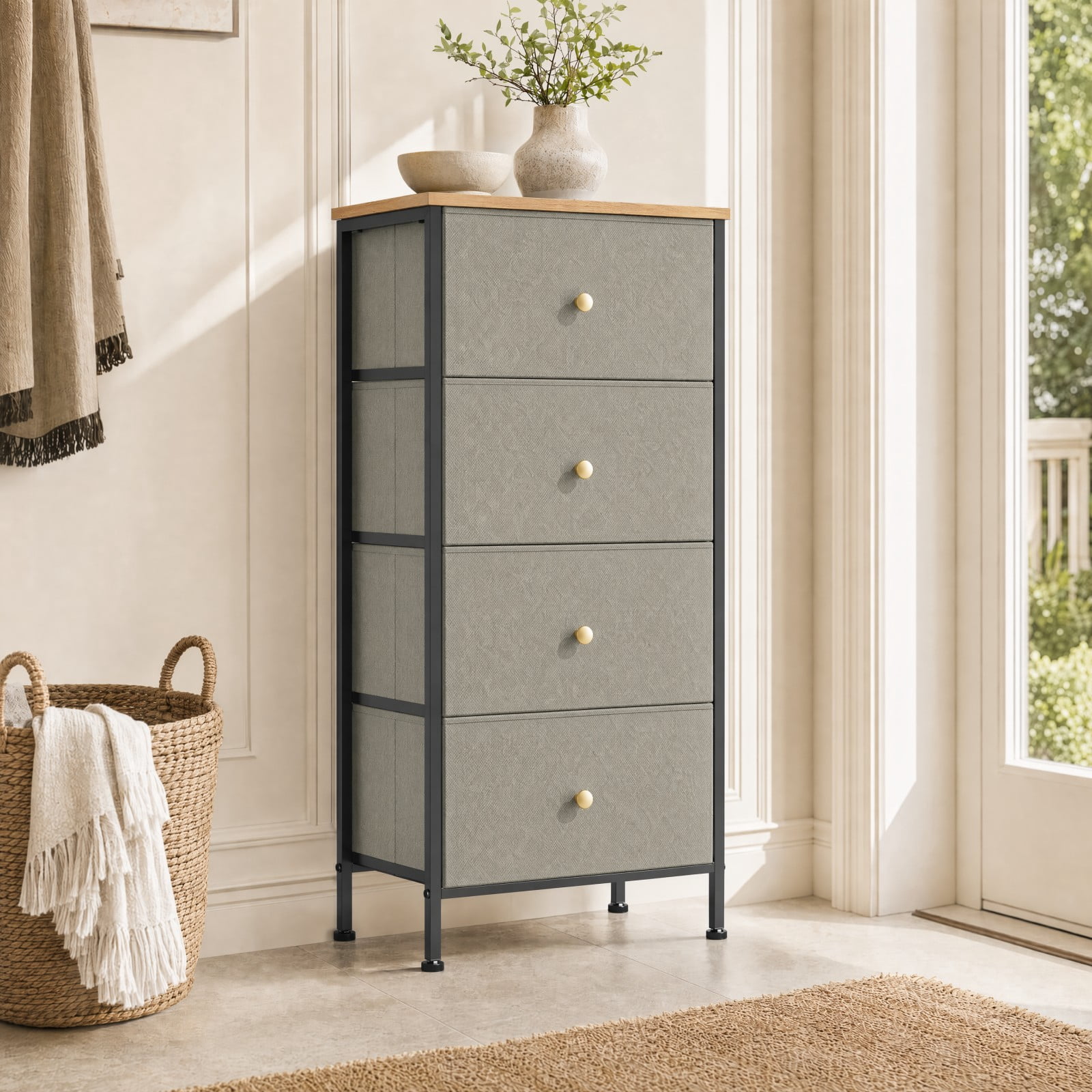 Telyra 4-Drawer Fabric Dresser 37.4" Tall Storage Tower with Wood Top and Steel Frame Narrow Organizer, Greyish Green