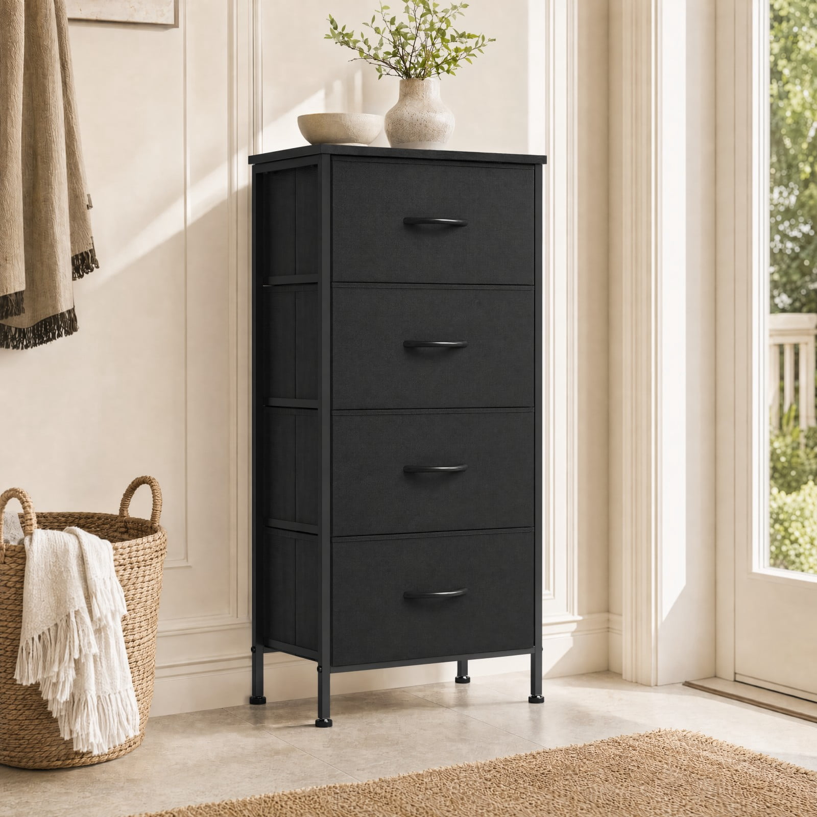 Telyra 4-Drawer Fabric Dresser 37.4" Tall Storage Tower with Wood Top and Steel Frame Narrow Organizer, Ink Black