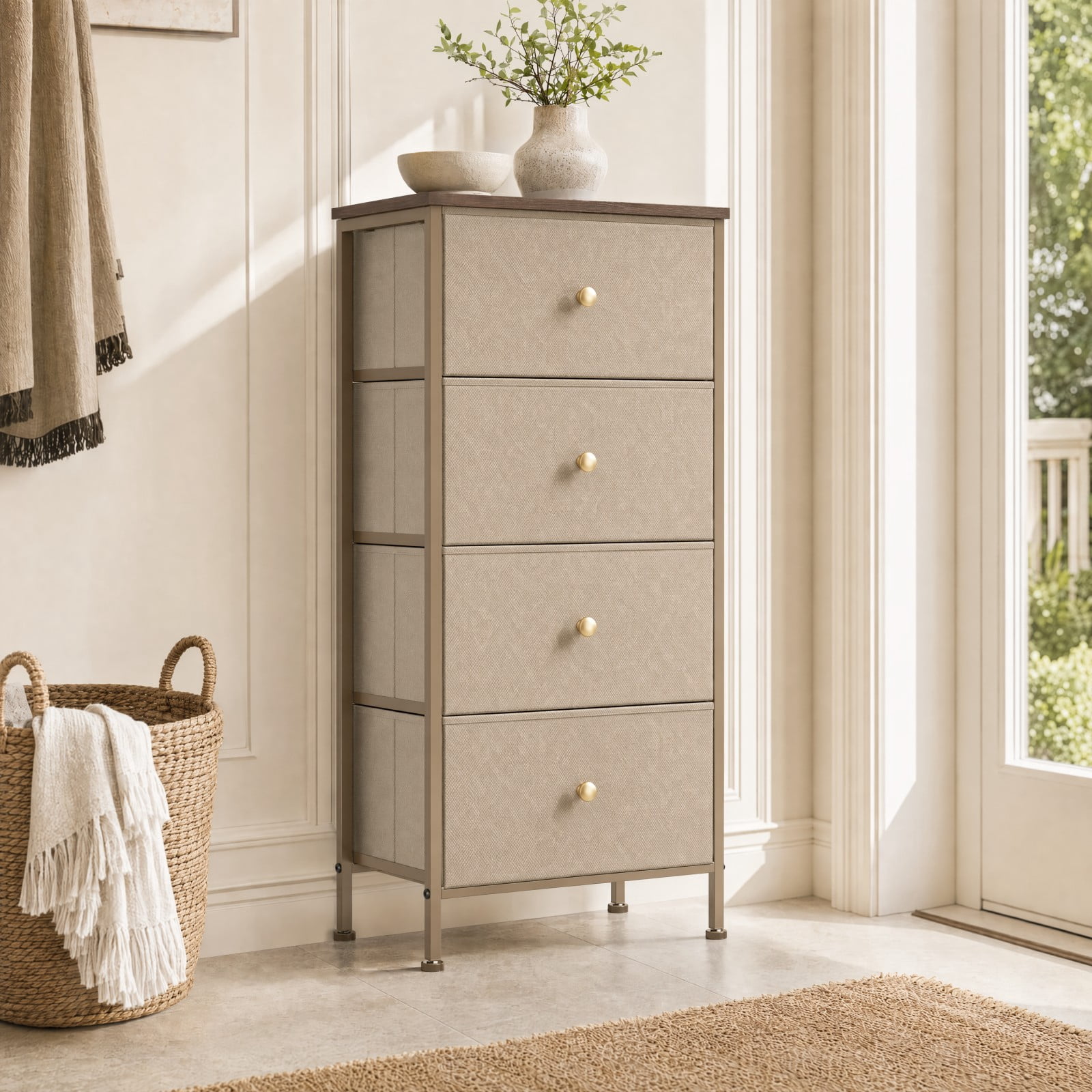 Telyra 4-Drawer Fabric Dresser 37.4" Tall Storage Tower with Wood Top and Steel Frame Narrow Organizer, Khaki