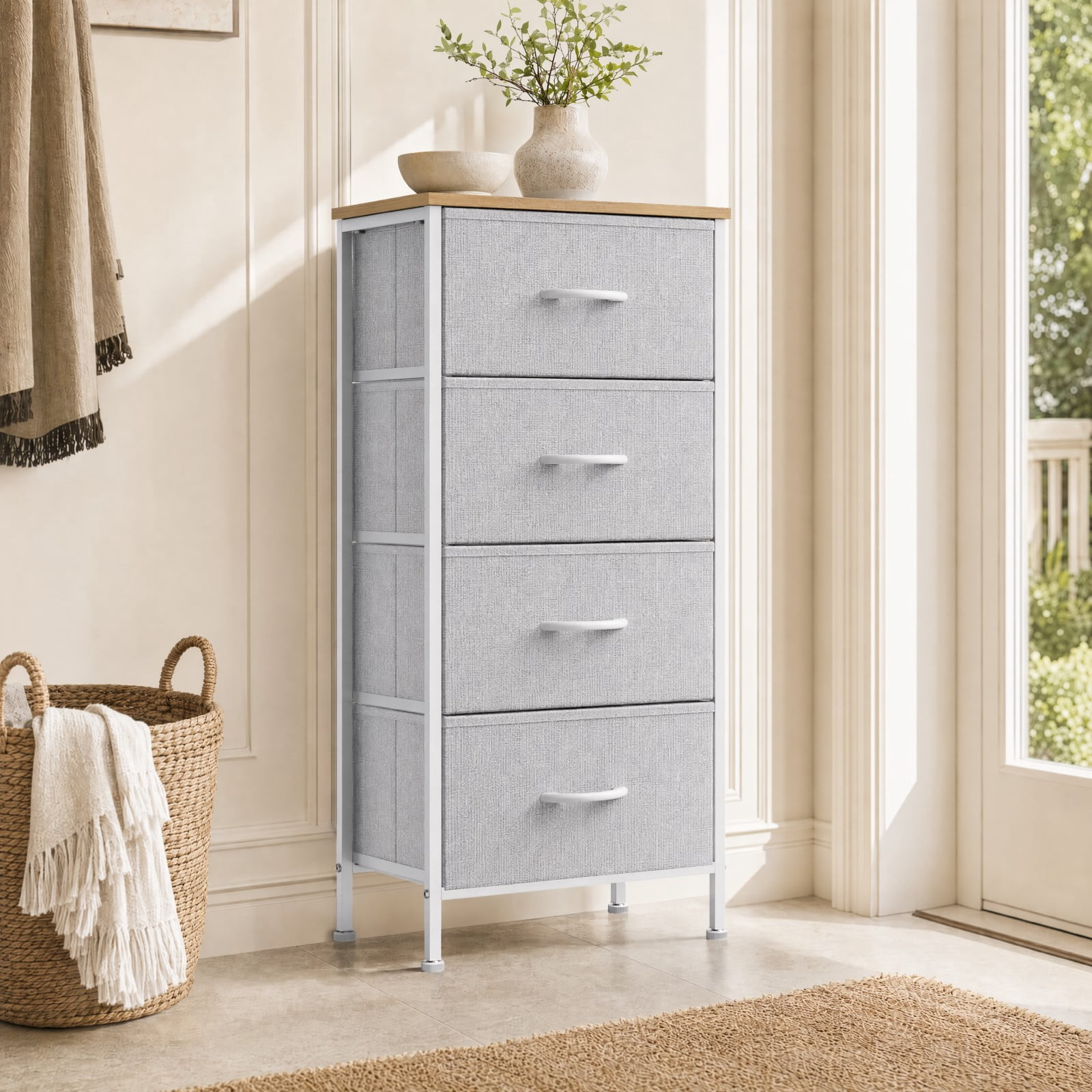 Telyra 4-Drawer Fabric Dresser 37.4" Tall Storage Tower with Wood Top and Steel Frame Narrow Organizer, Light Gray