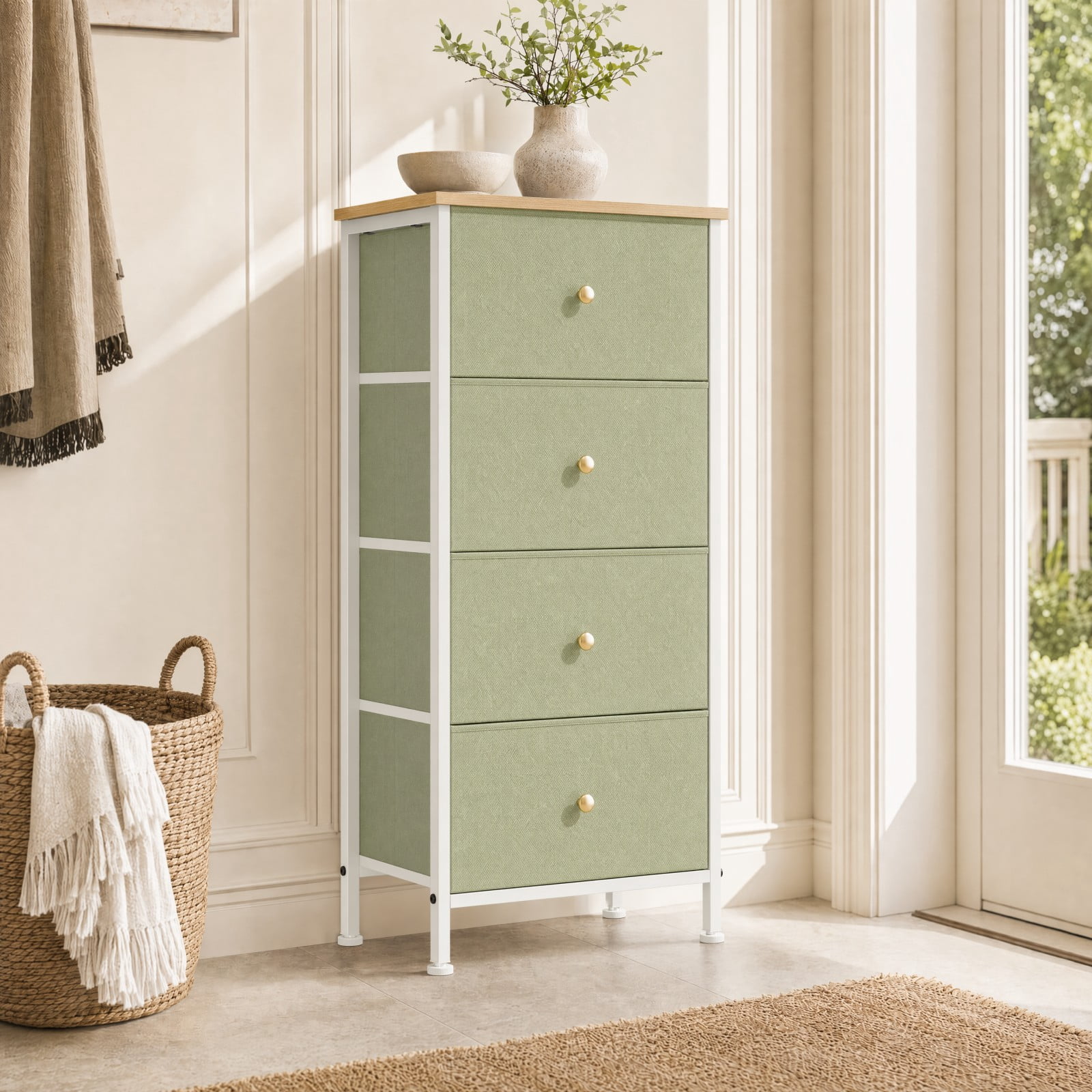 Telyra 4-Drawer Fabric Dresser 37.4" Tall Storage Tower with Wood Top and Steel Frame Narrow Organizer, Light Green