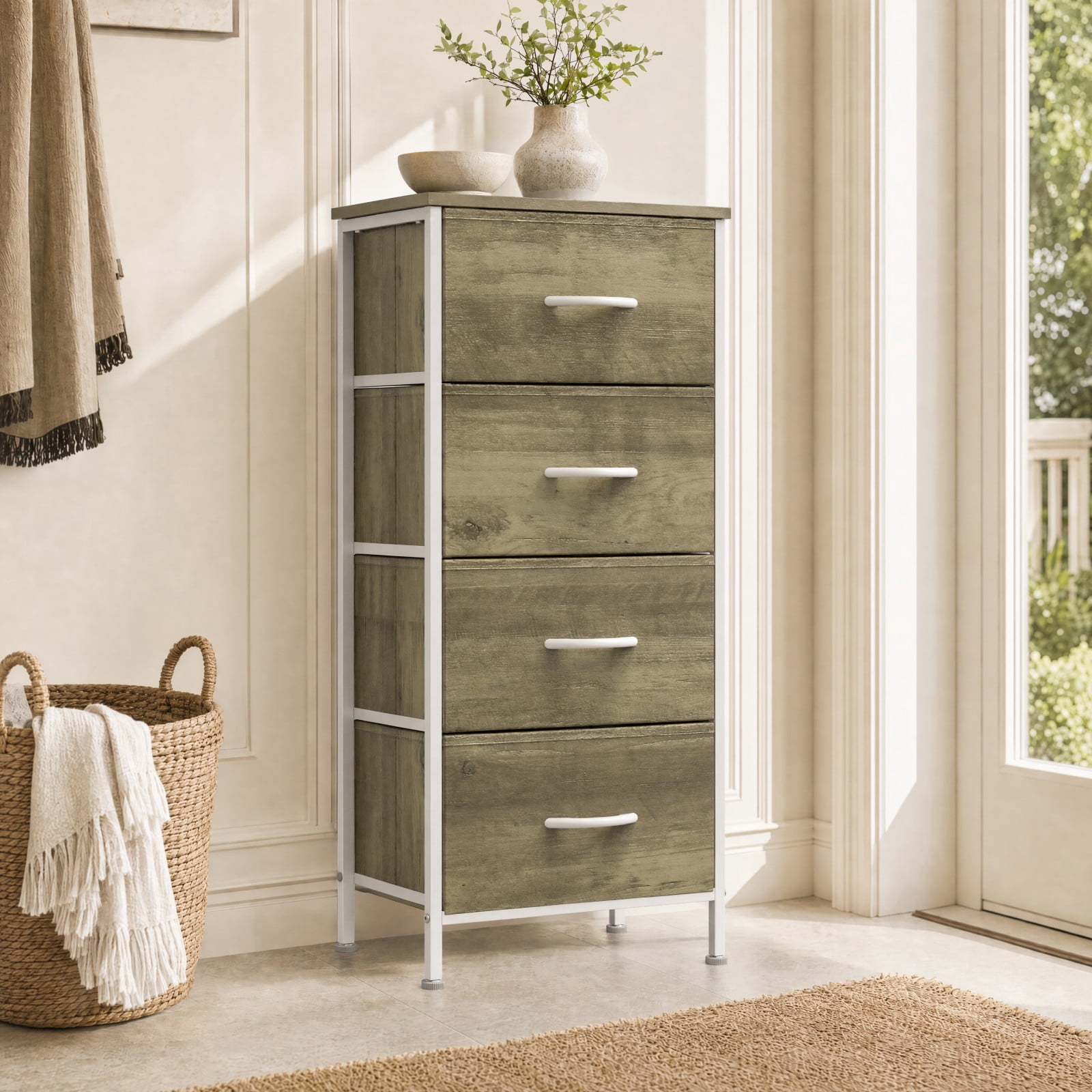 Telyra 4-Drawer Fabric Dresser 37.4" Tall Storage Tower with Wood Top and Steel Frame Narrow Organizer, Oak Greige