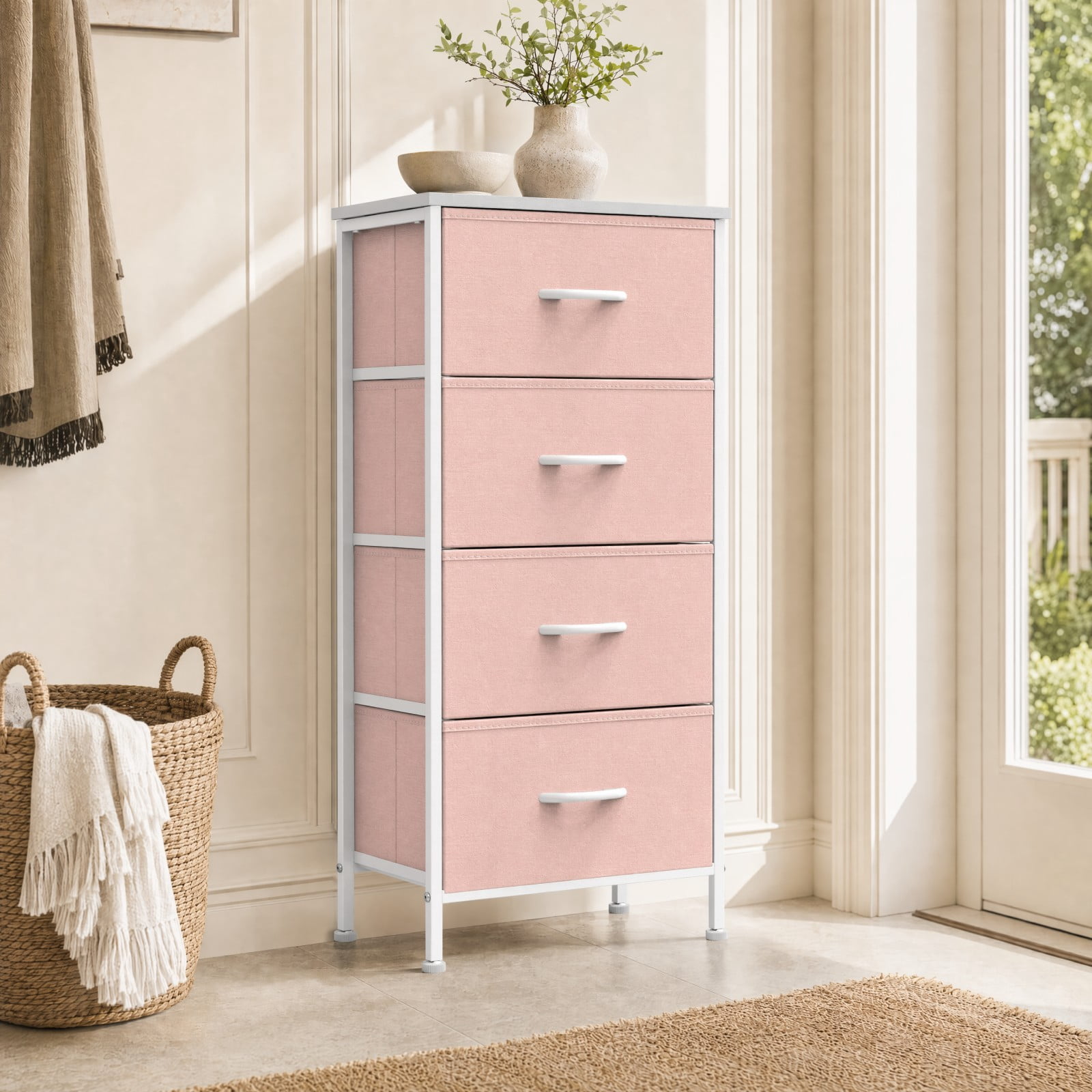 Telyra 4-Drawer Fabric Dresser 37.4" Tall Storage Tower with Wood Top and Steel Frame Narrow Organizer, Pink