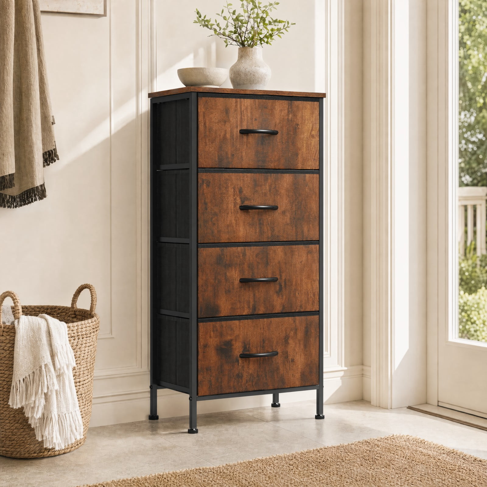 Telyra 4-Drawer Fabric Dresser 37.4" Tall Storage Tower with Wood Top and Steel Frame Narrow Organizer, Rust