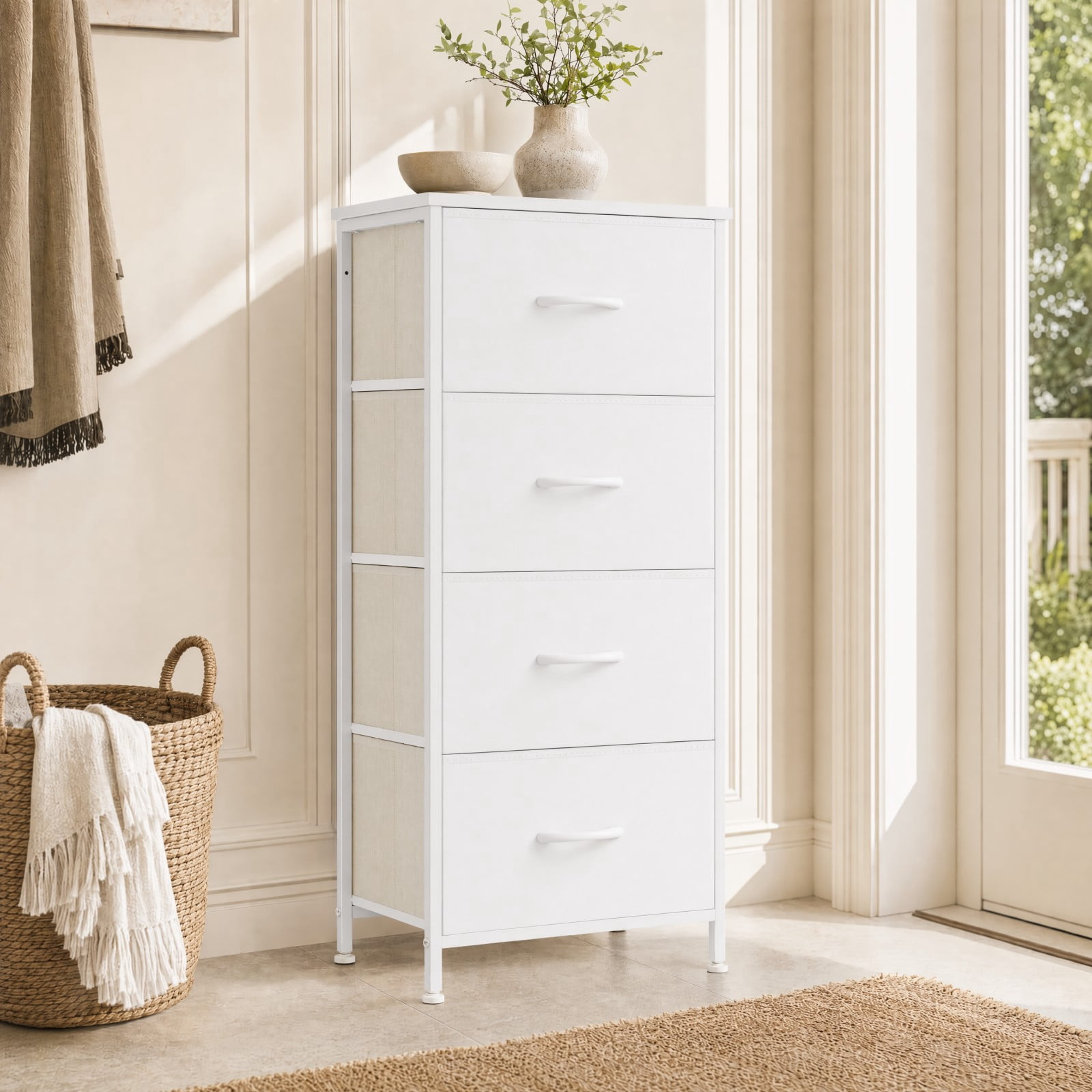 Telyra 4-Drawer Fabric Dresser 37.4" Tall Storage Tower with Wood Top and Steel Frame Narrow Organizer, White