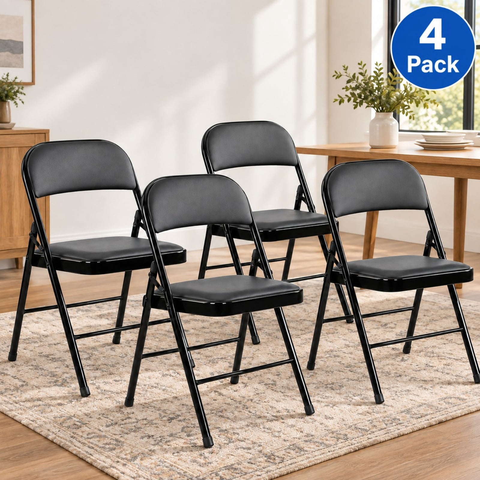 Telyra 4 Pack Folding Chairs Leather Padded Seat and Backrest Foldable Metal Chairs for Indoor Outdoor Use,Black