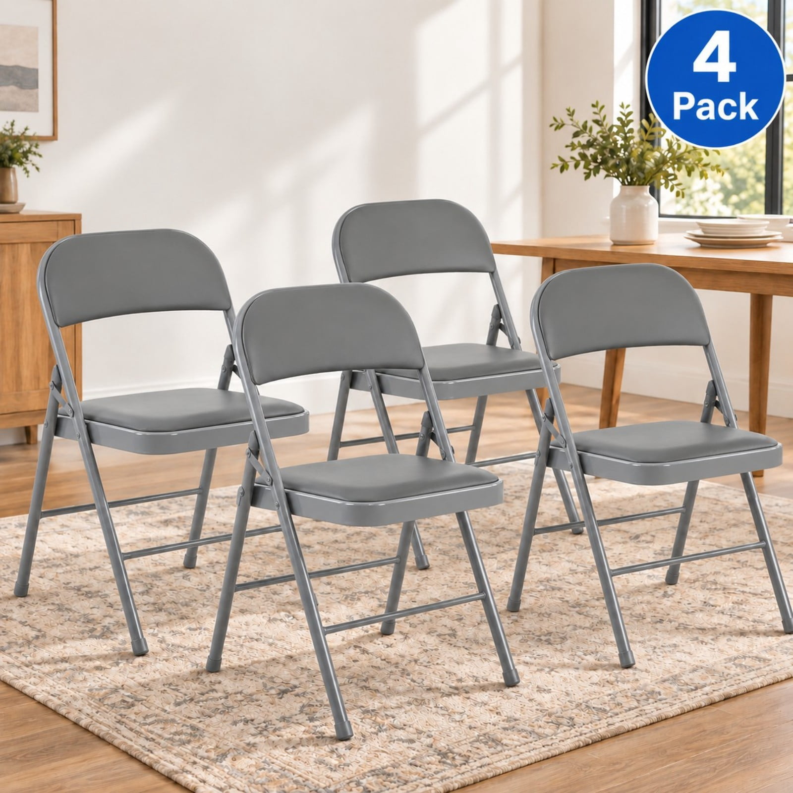 Telyra 4 Pack Folding Chairs Leather Padded Seat and Backrest Foldable Metal Chairs for Indoor Outdoor Use,Grey