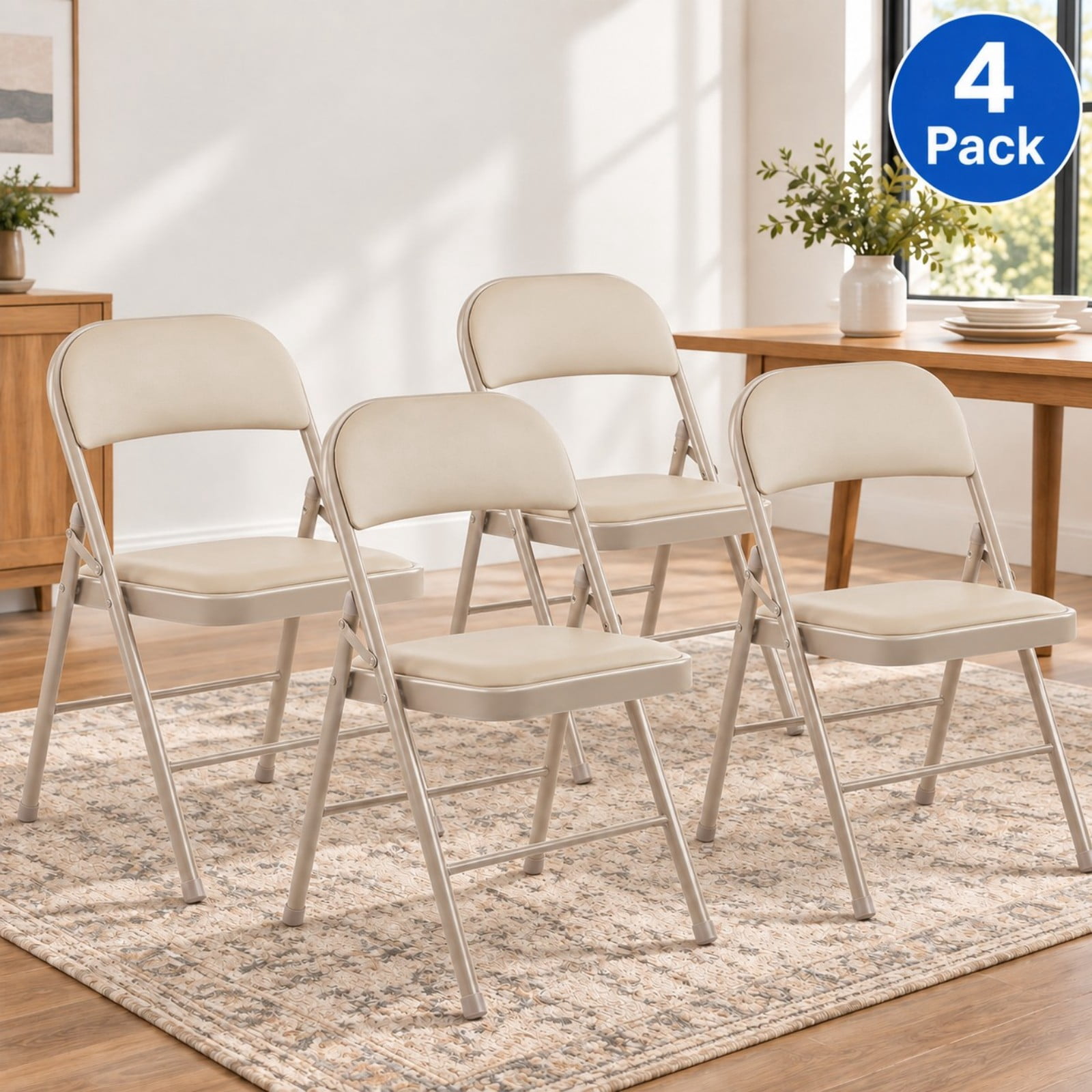 Telyra 4 Pack Folding Chairs Leather Padded Seat and Backrest Foldable Metal Chairs for Indoor Outdoor Use,khaki