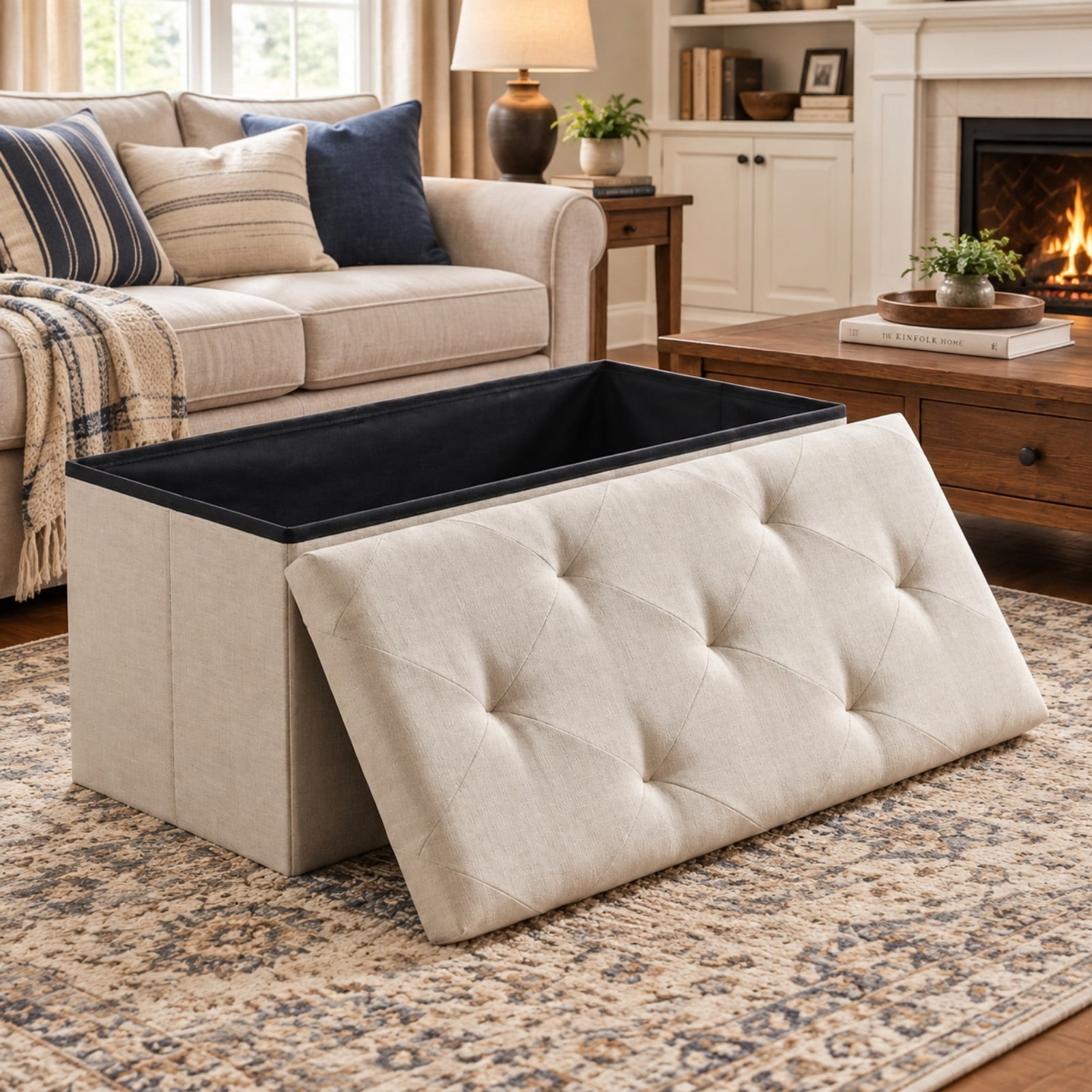 Telyra 43" Foldable Storage Ottoman Bench Fabric Footrest Stool with Foam Padded Seat, Beige
