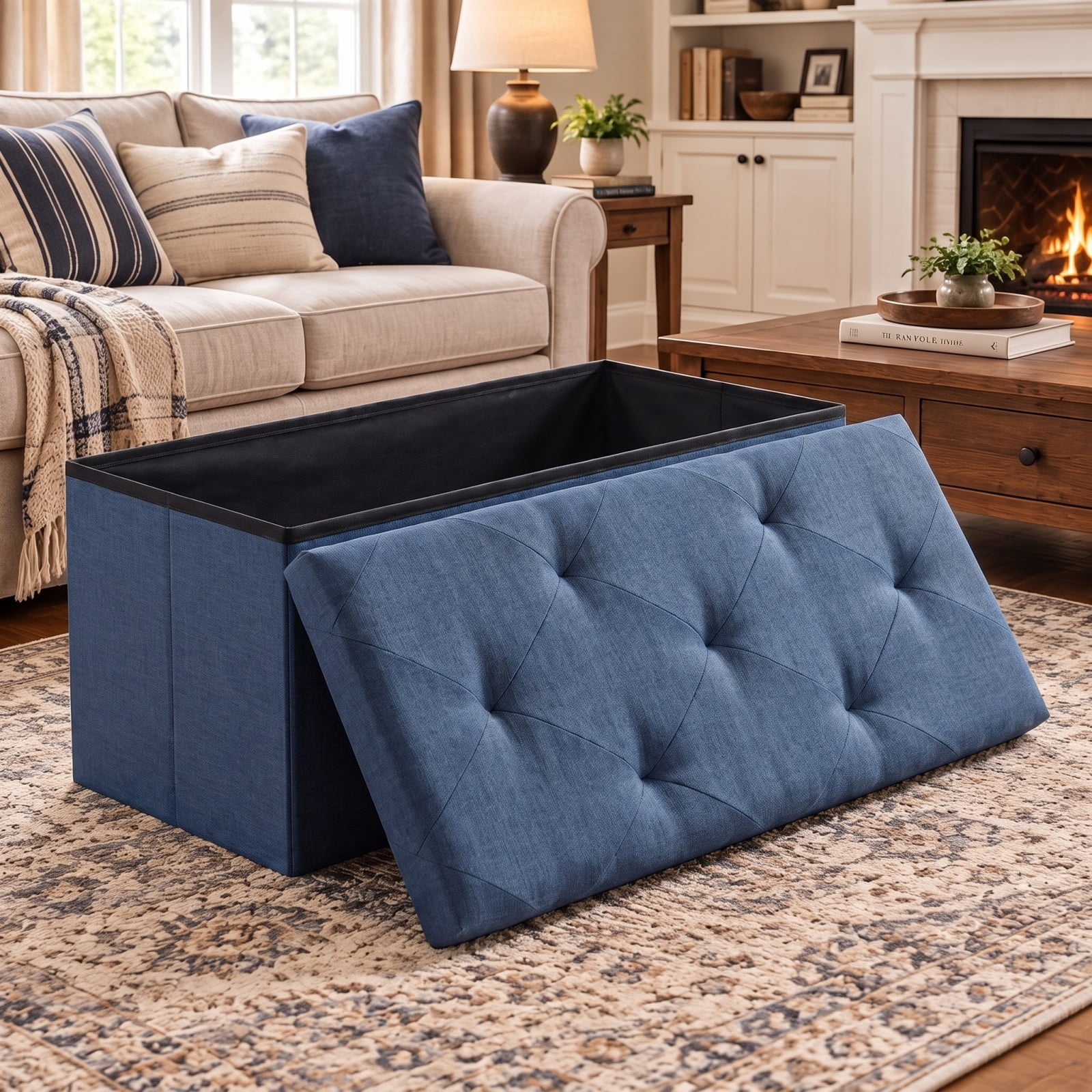 Telyra 43" Foldable Storage Ottoman Bench Fabric Footrest Stool with Foam Padded Seat, Blue