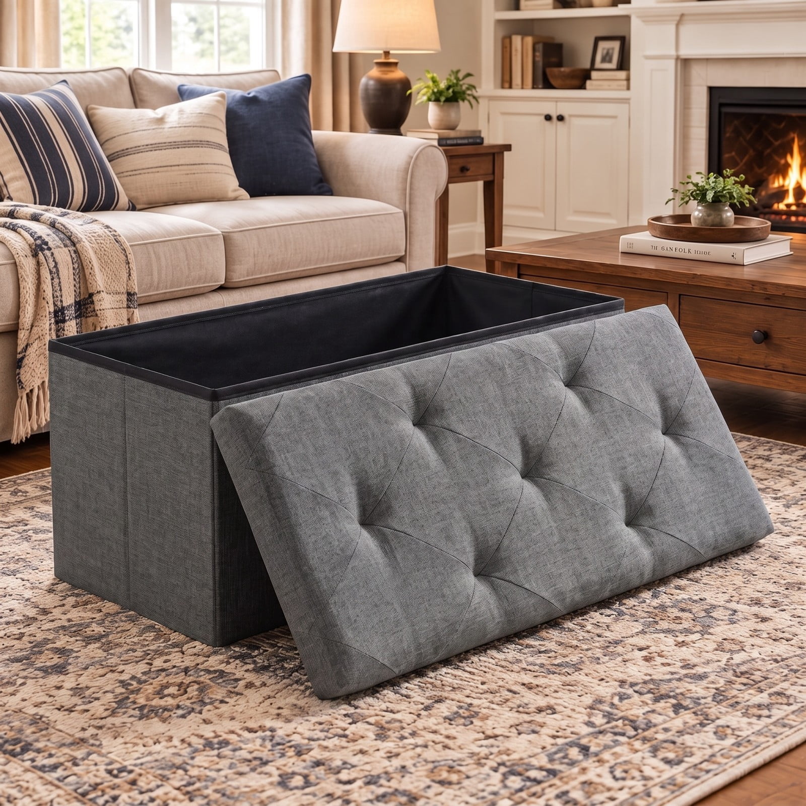 Telyra 43" Foldable Storage Ottoman Bench Fabric Footrest Stool with Foam Padded Seat, Gray