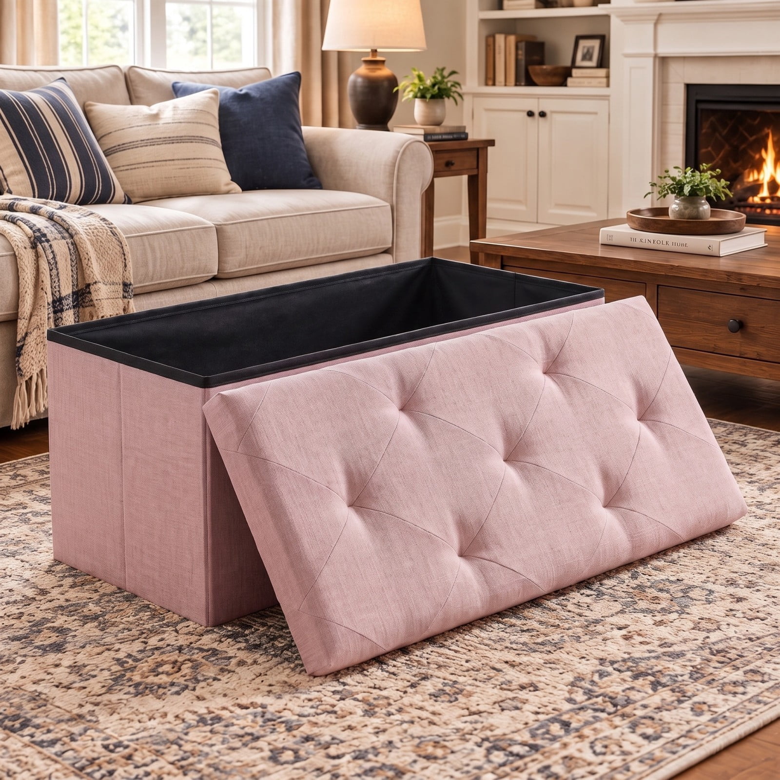 Telyra 43" Foldable Storage Ottoman Bench Fabric Footrest Stool with Foam Padded Seat, Pink