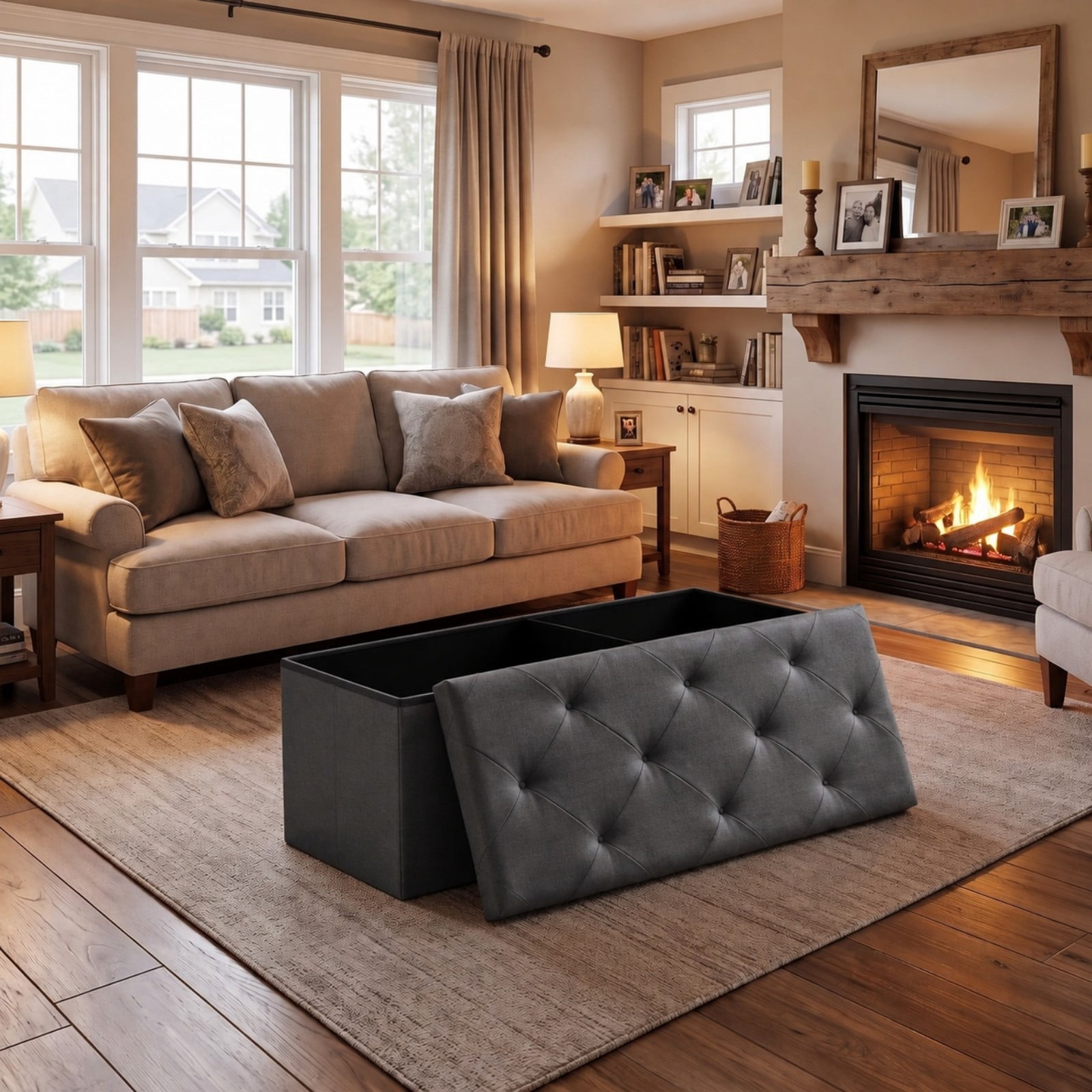 Telyra 43" Foldable Storage Ottoman Bench Faux Leather Footrest Stool with Foam Padded Seat, Black