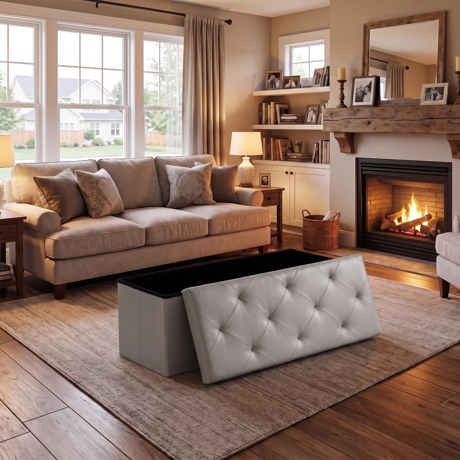 Telyra 43" Foldable Storage Ottoman Bench Faux Leather Footrest Stool with Foam Padded Seat, Gray