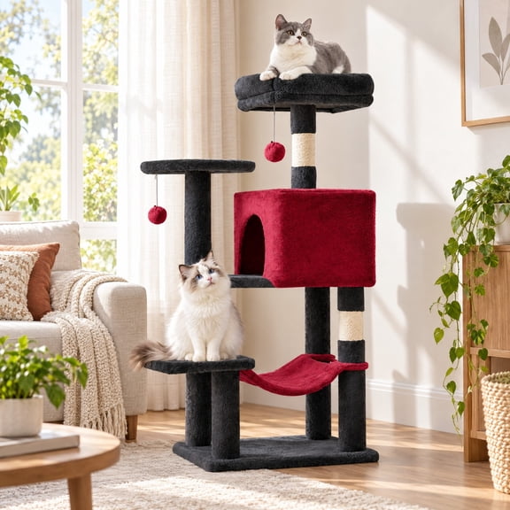 Telyra 44" Multi-Level Cat Tree Tower for Indoor Cats with Condo Scratching Post Kitten Toy and Hammock,Black Red
