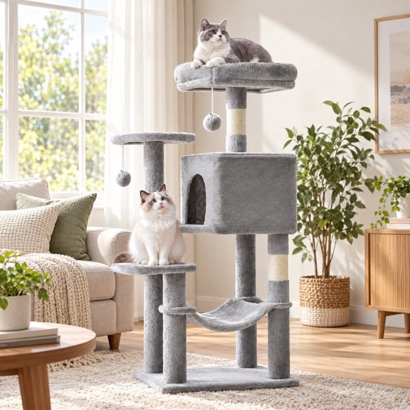 Telyra 44" Multi-Level Cat Tree Tower for Indoor Cats with Condo Scratching Post Kitten Toy and Hammock,Light Grey