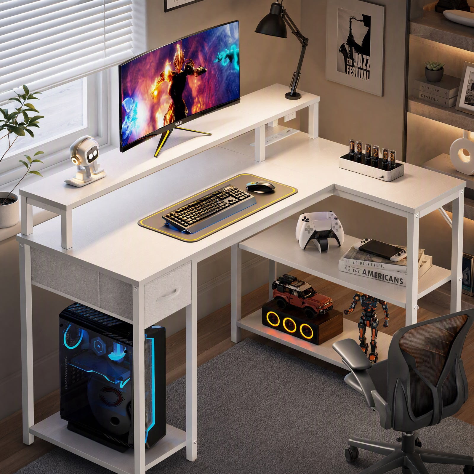 Telyra 47 Inch Gaming Table with USB Charging Port and Led Light, Reversible L-Shaped Table with Power Socket and Monitor Stand