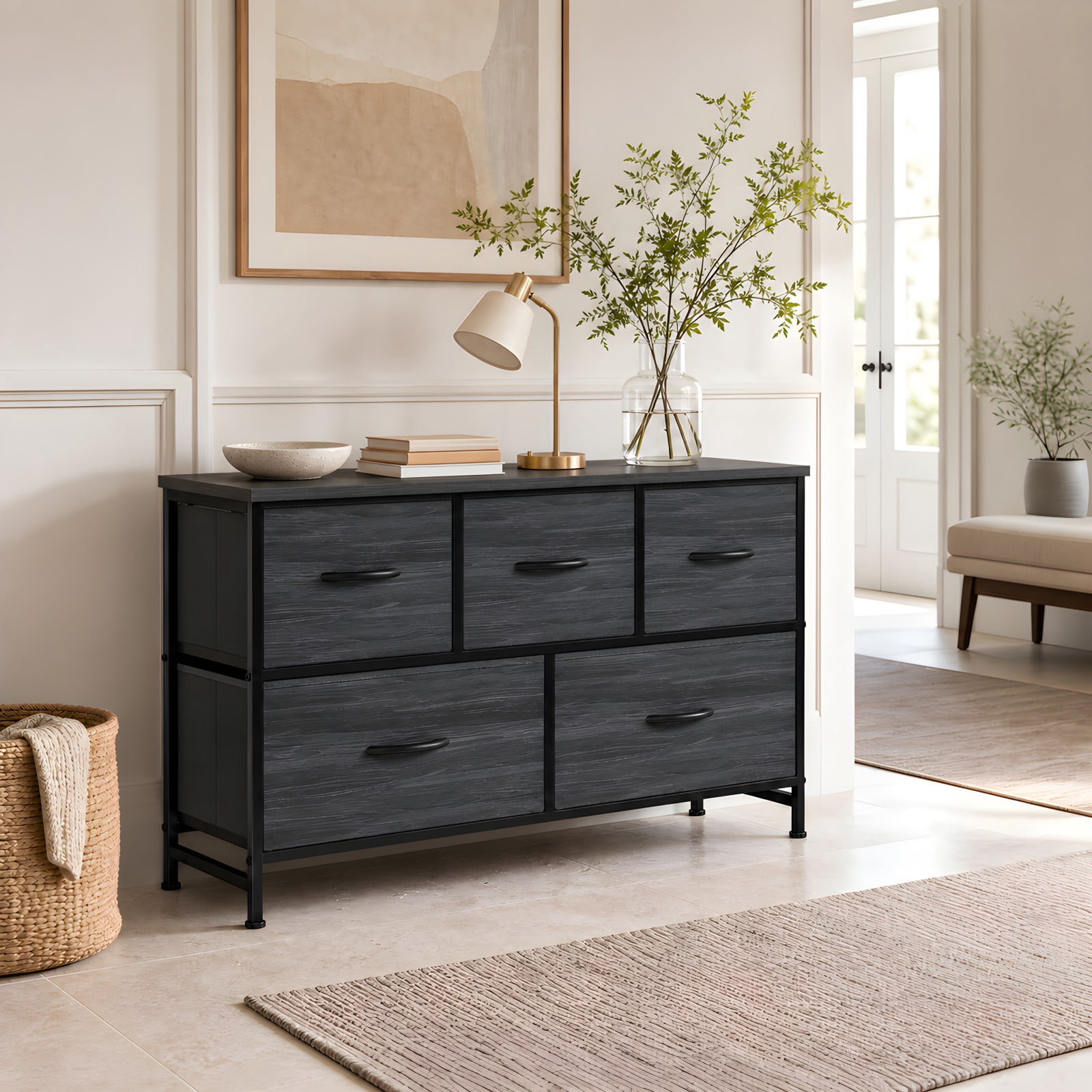 Telyra 5-Drawer Fabric Dresser TV Stand Organizer with Wood Top and Metal Frame, Black Wood Grain