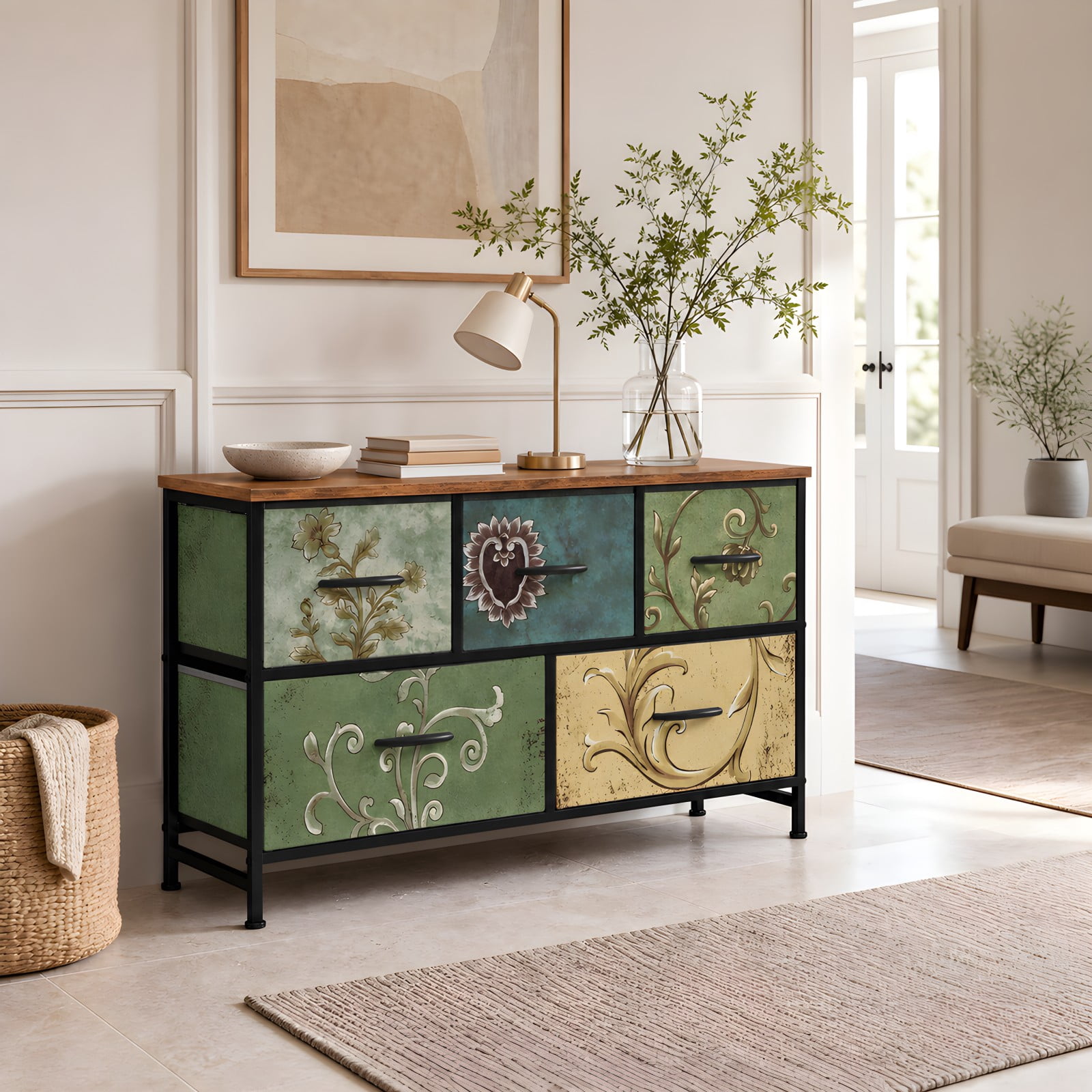 Telyra 5-Drawer Fabric Dresser TV Stand Organizer with Wood Top and Metal Frame, Floral Painted
