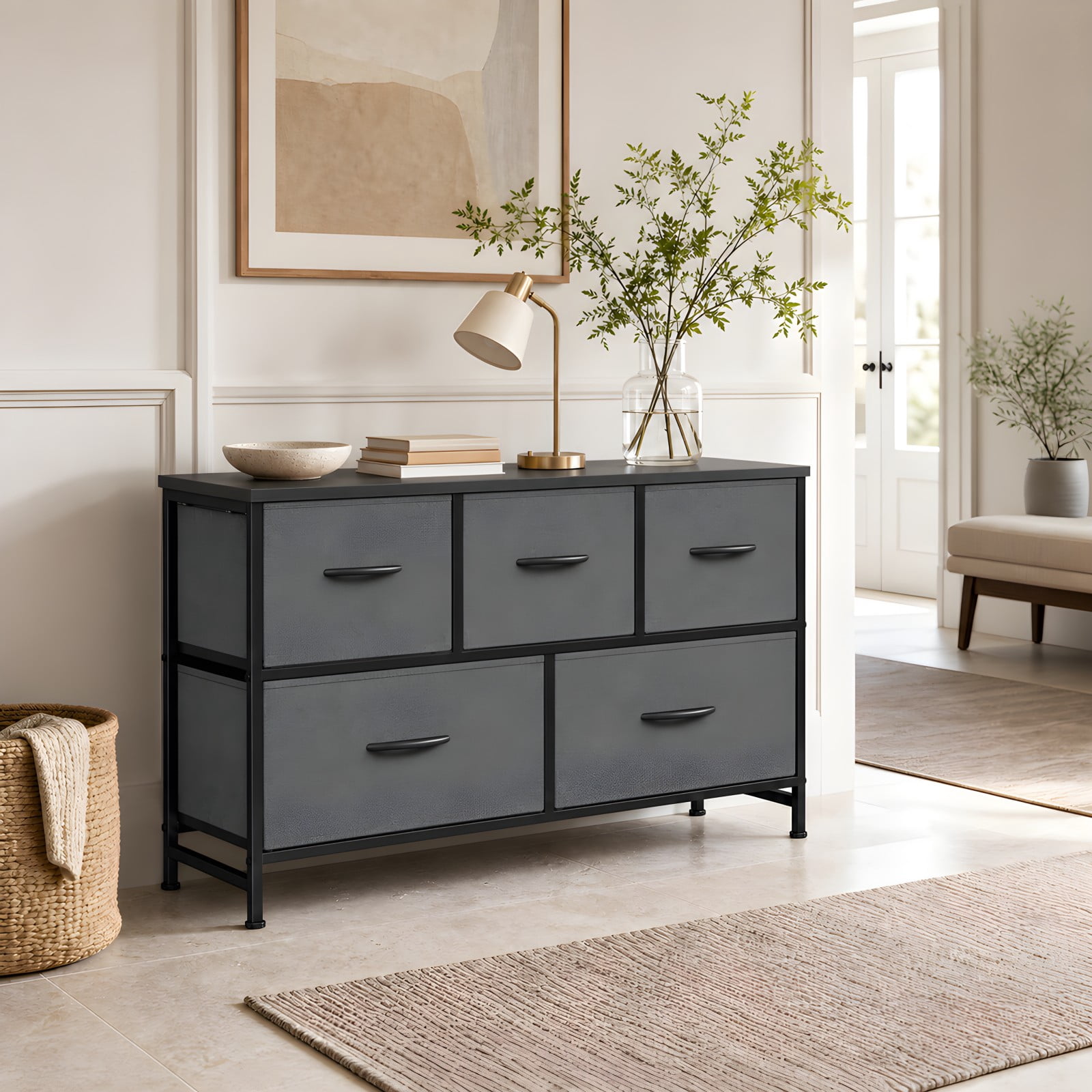 Telyra 5-Drawer Fabric Dresser TV Stand Organizer with Wood Top and Metal Frame, Gray