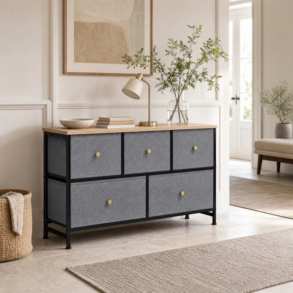 Telyra 5-Drawer Fabric Dresser TV Stand Organizer with Wood Top and Metal Frame, Greyish Blue