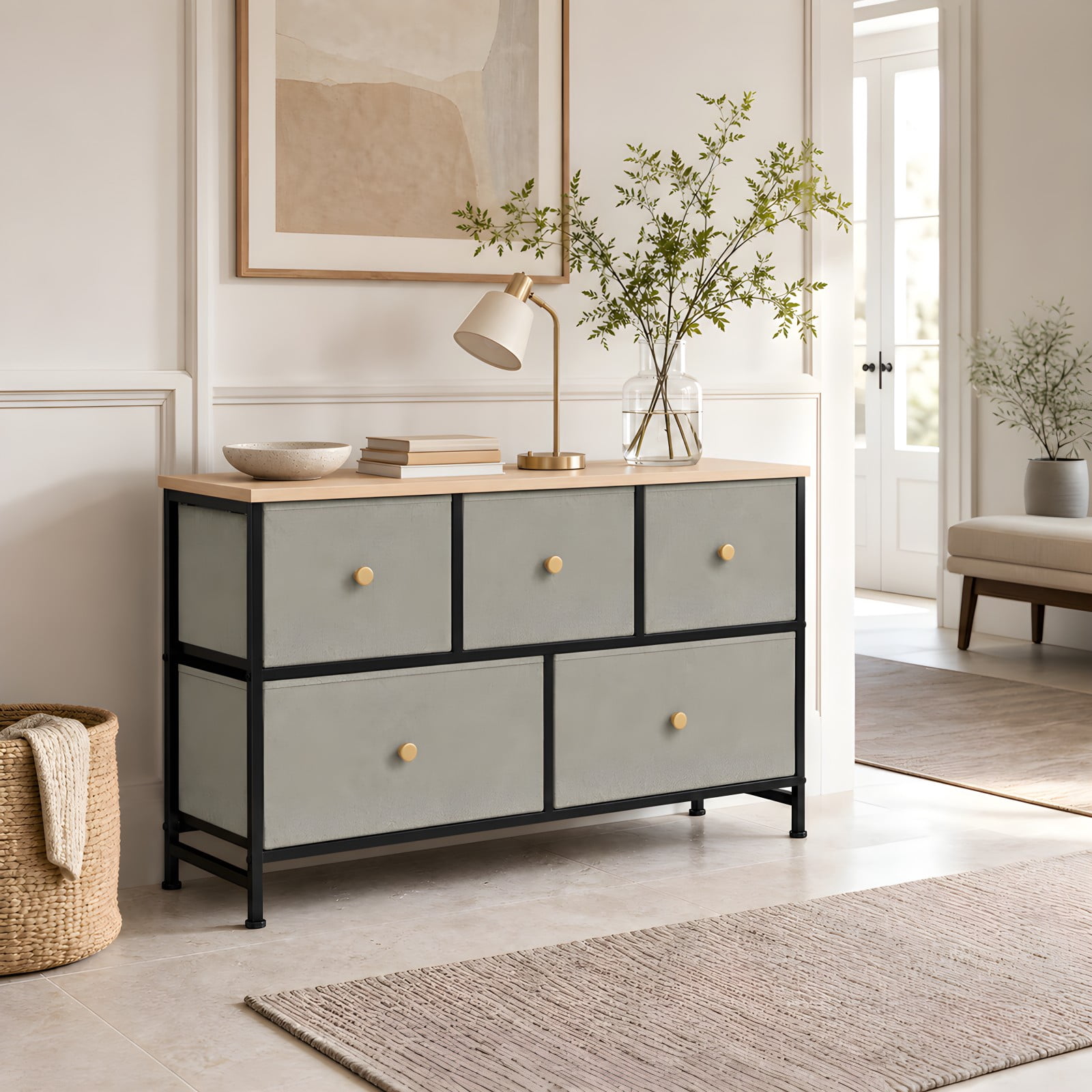 Telyra 5-Drawer Fabric Dresser TV Stand Organizer with Wood Top and Metal Frame, Greyish Green