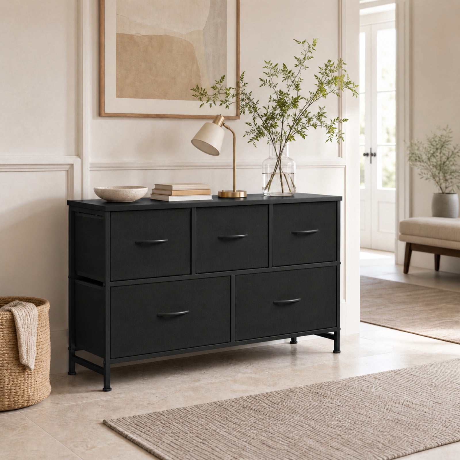 Telyra 5-Drawer Fabric Dresser TV Stand Organizer with Wood Top and Metal Frame, Ink Black