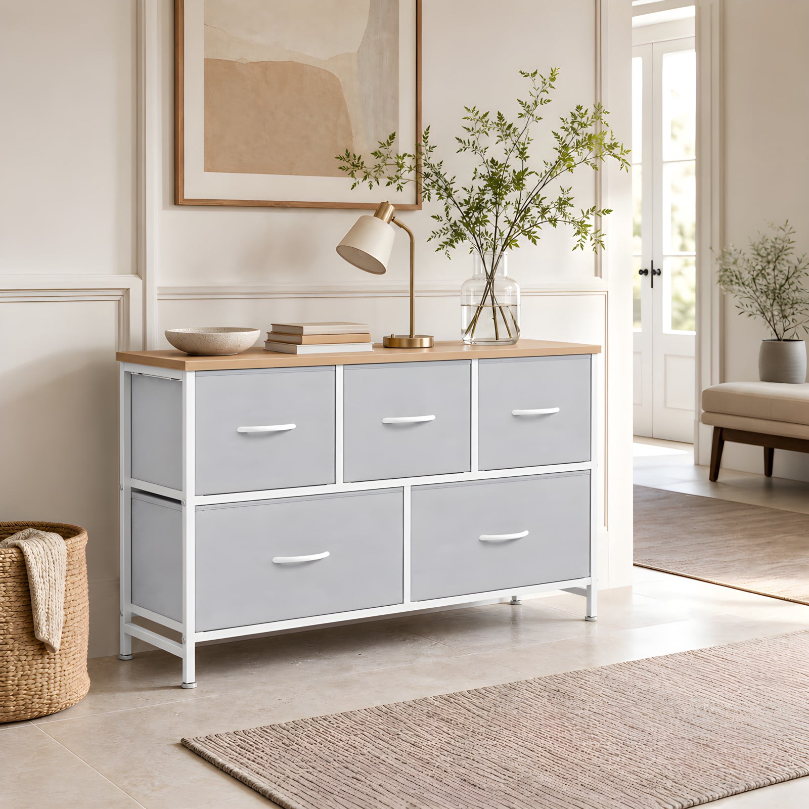 Telyra 5-Drawer Fabric Dresser TV Stand Organizer with Wood Top and Metal Frame, Light Gray