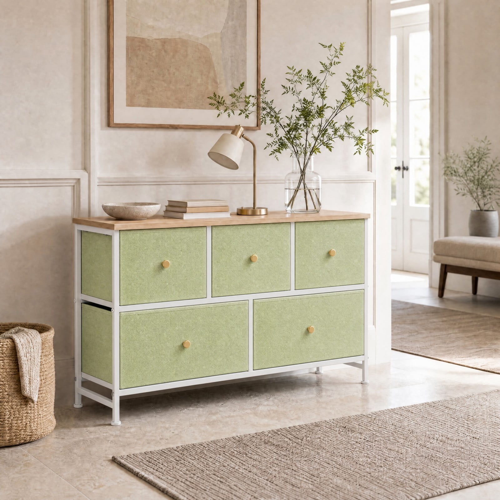 Telyra 5-Drawer Fabric Dresser TV Stand Organizer with Wood Top and Metal Frame, Light Green