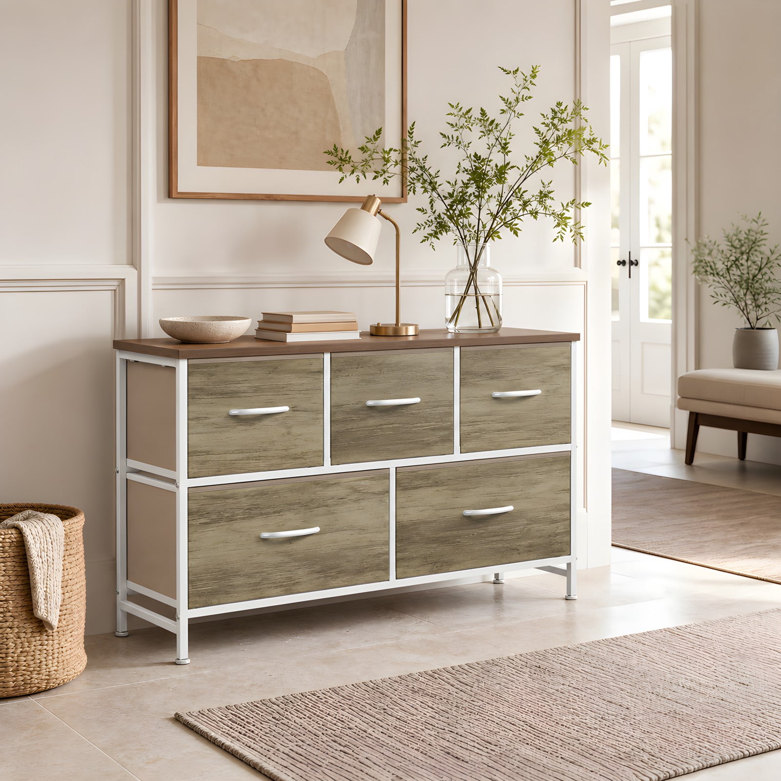 Telyra 5-Drawer Fabric Dresser TV Stand Organizer with Wood Top and Metal Frame, Oak Greige