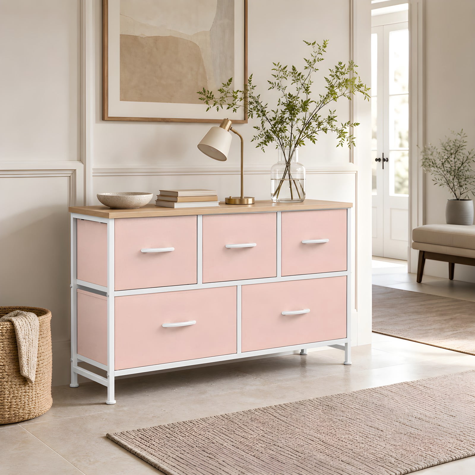 Telyra 5-Drawer Fabric Dresser TV Stand Organizer with Wood Top and Metal Frame, Pink