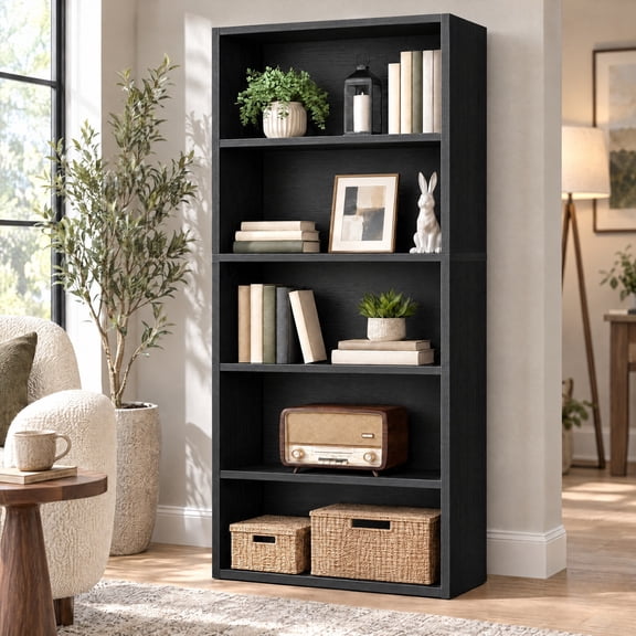 Telyra 5-Tier Vintage Bookcase 53" Freestanding Open Bookshelf with Adjustable Shelves Anti-Tip Kit and MDF Frame, Black