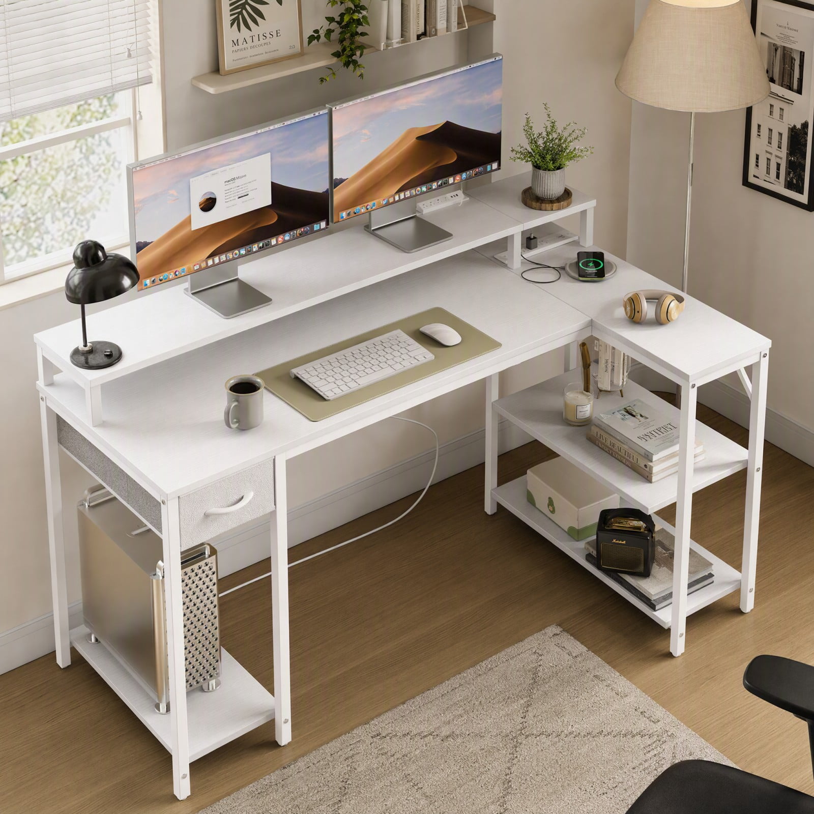 Telyra 53 Inch Gaming Table with USB Charging Port and Led Light, Reversible L-Shaped Table with Power Socket and Monitor Stand