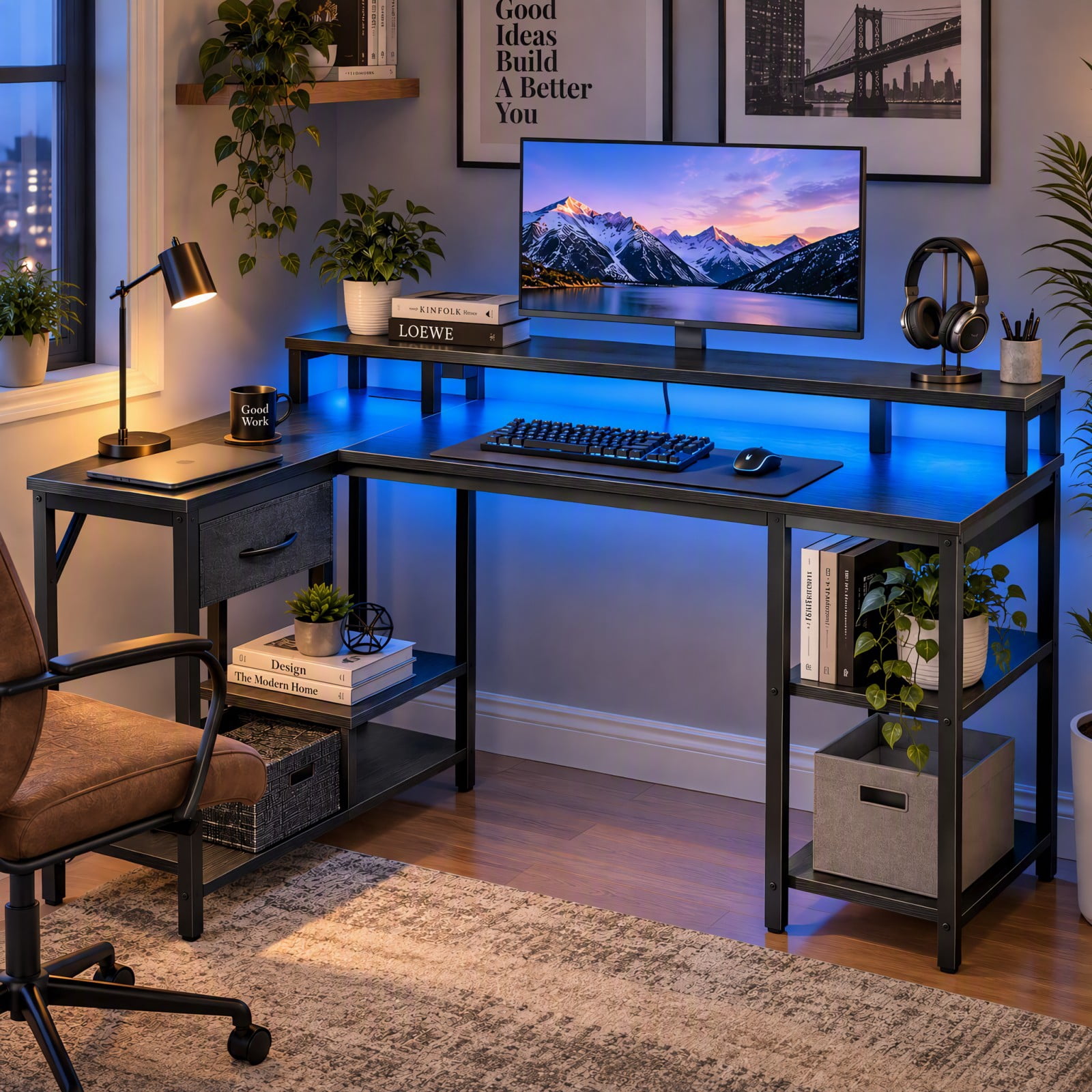 Telyra 53 Inch Gaming Table with USB Charging Port and Led Light, Reversible L-Shaped Table with Power Socket and Monitor Stand