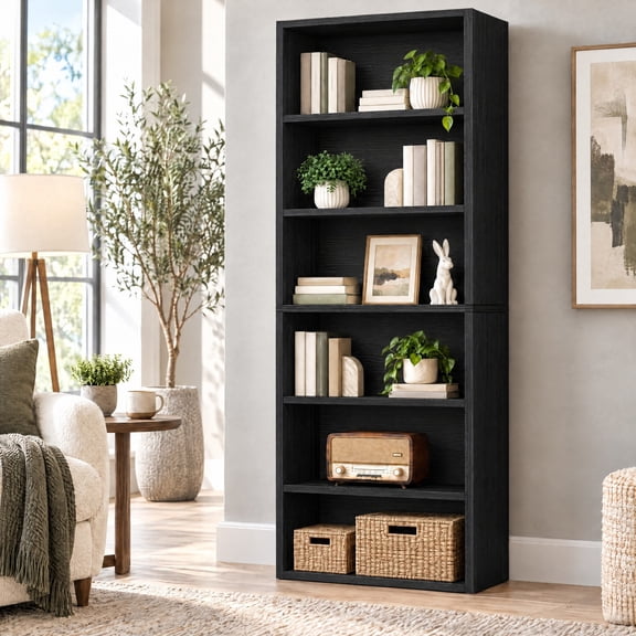 Telyra 6-Tier Vintage Bookcase 63" Freestanding Open Bookshelf with Adjustable Shelves Anti-Tip Kit and MDF Frame, Black
