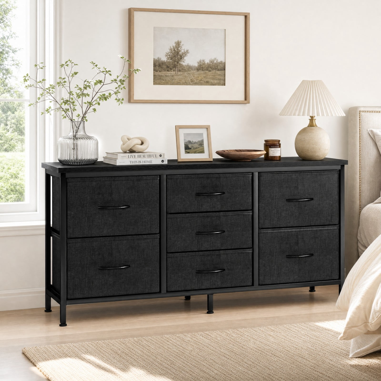 Telyra 7-Drawer Dresser with Wood Shelf, Sturdy Metal Frame, Versatile Media Console Dresser for Bedroom, Black